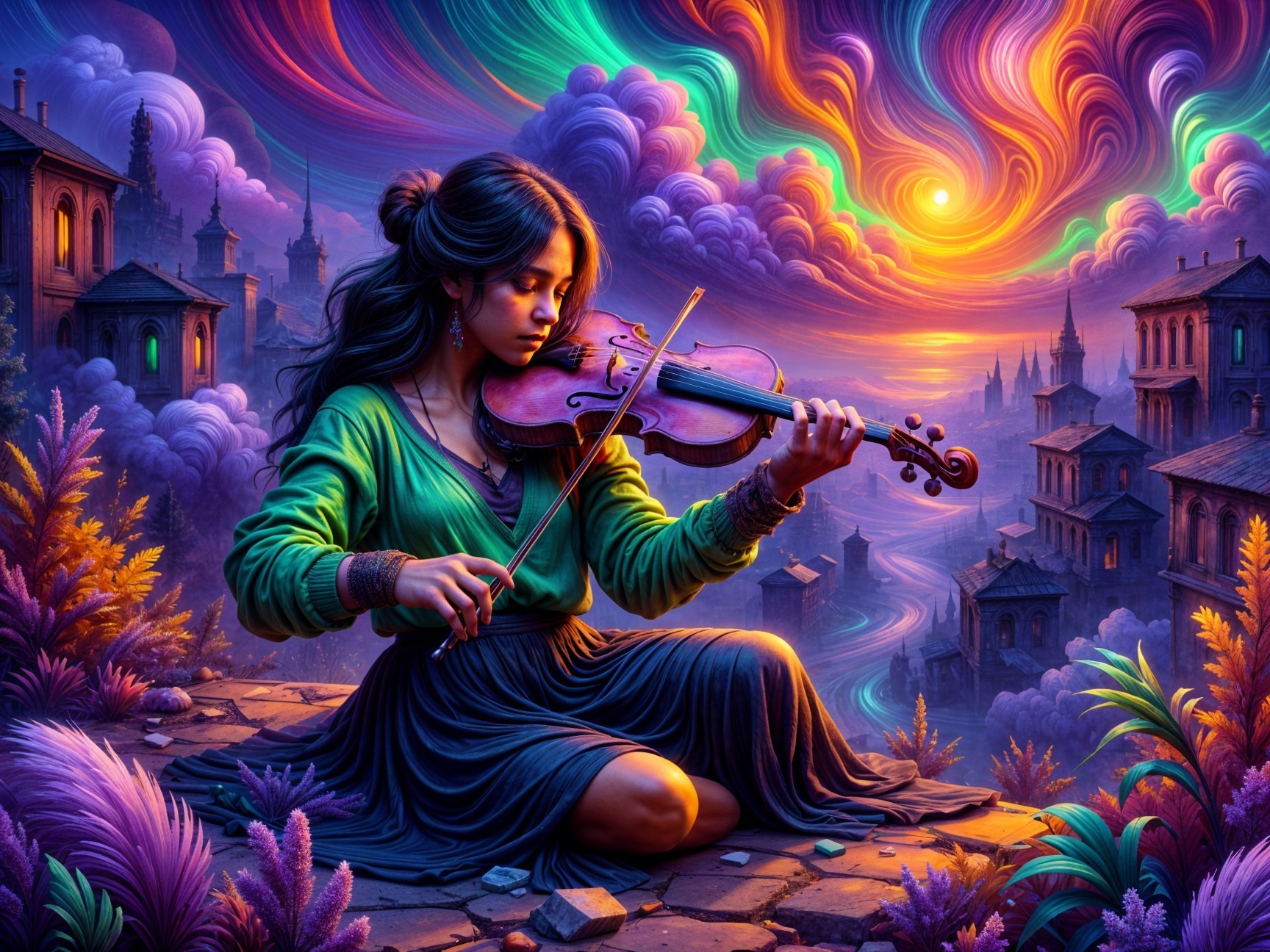 Young girl playing violin on a cobblestone path