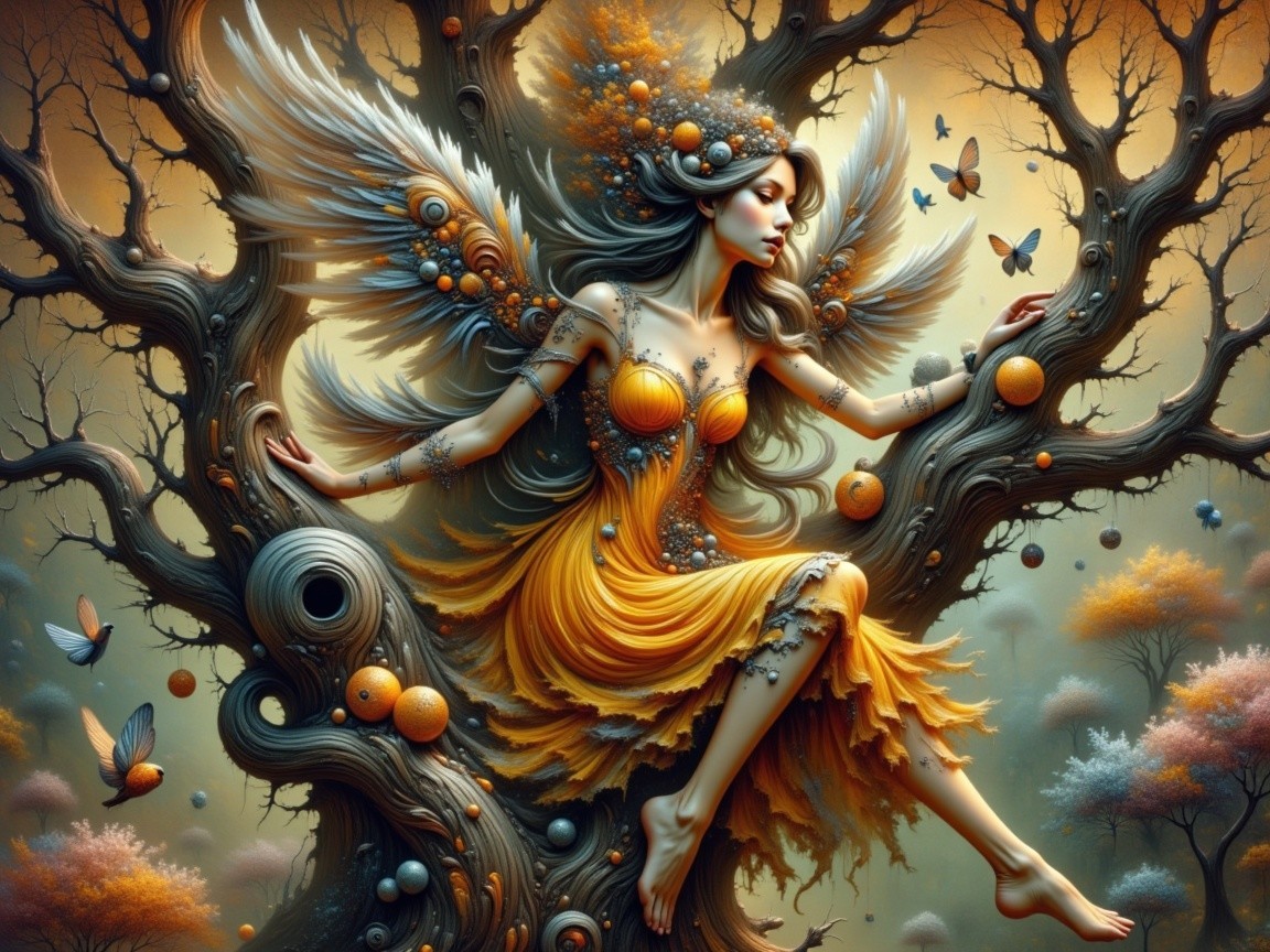 Mystical figure with wings on a gnarled tree branch