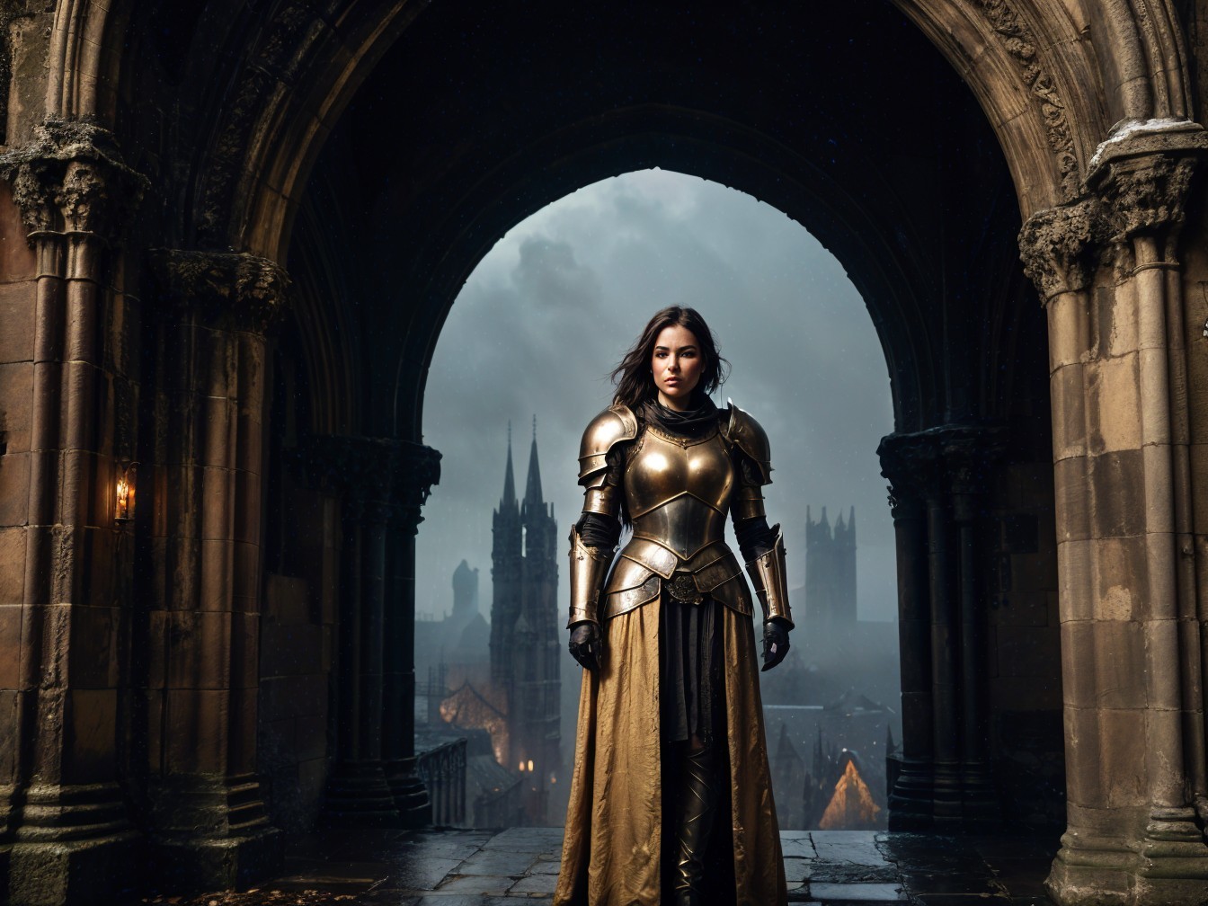 Young Woman in Gold Armor at Gothic Stone Entryway