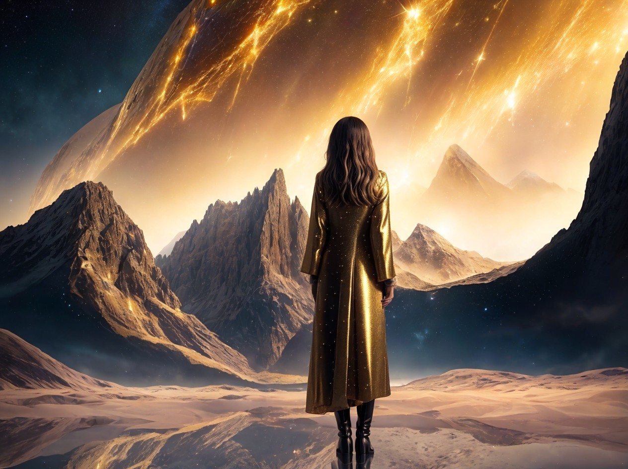 Woman in metallic gold coat against a celestial sky