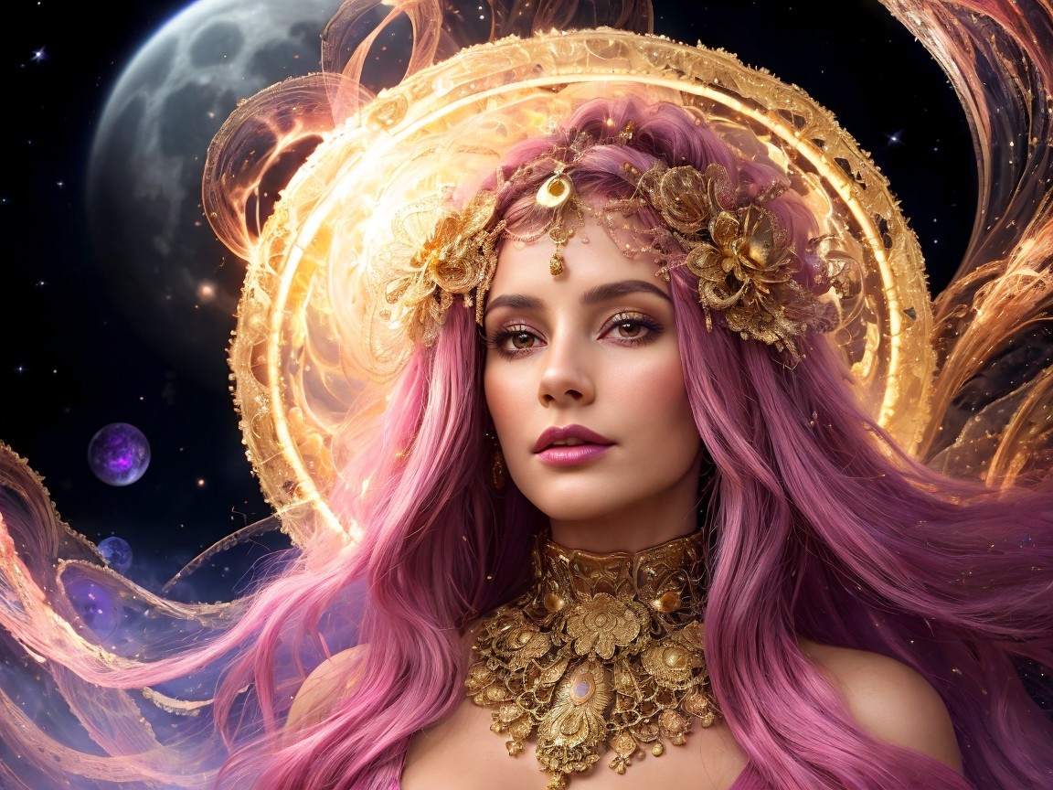 Cosmic Goddess with Pink Hair and Gold Jewelry Details