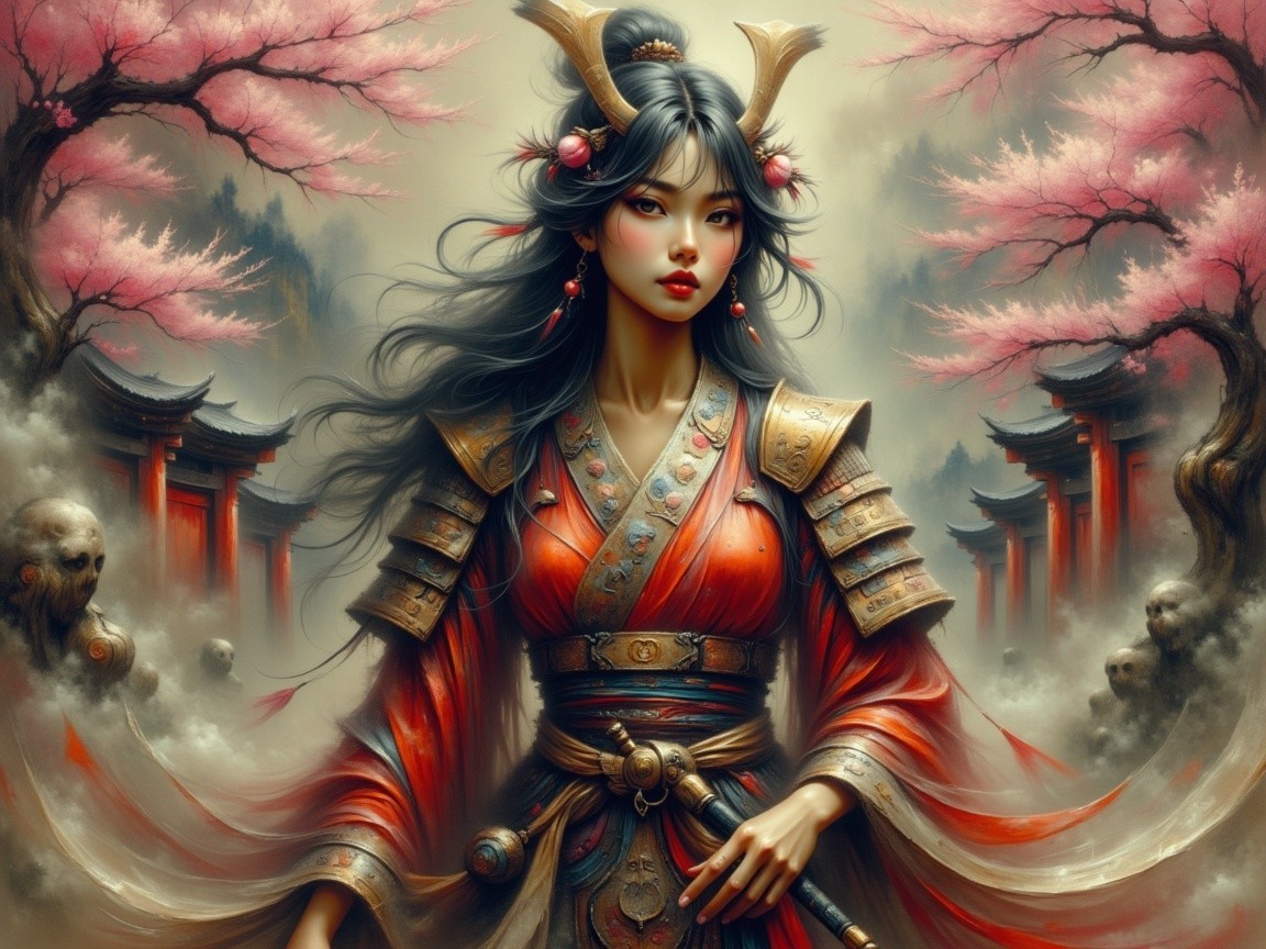 Mystical warrior woman in armor with cherry blossoms