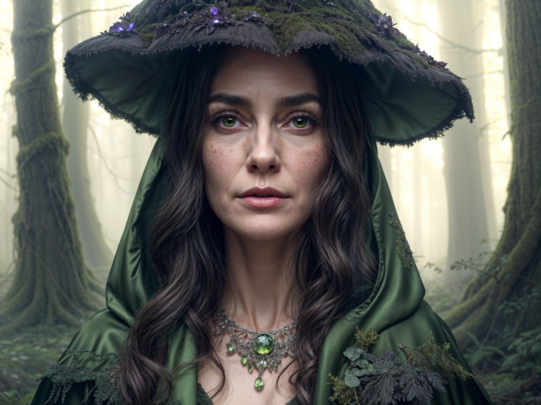 Woman in Ethereal Forest with Green Cloak and Hat