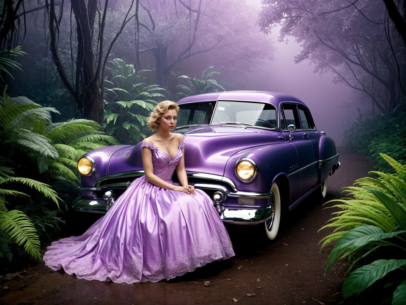 Woman in Lavender Gown by Vintage Purple Car