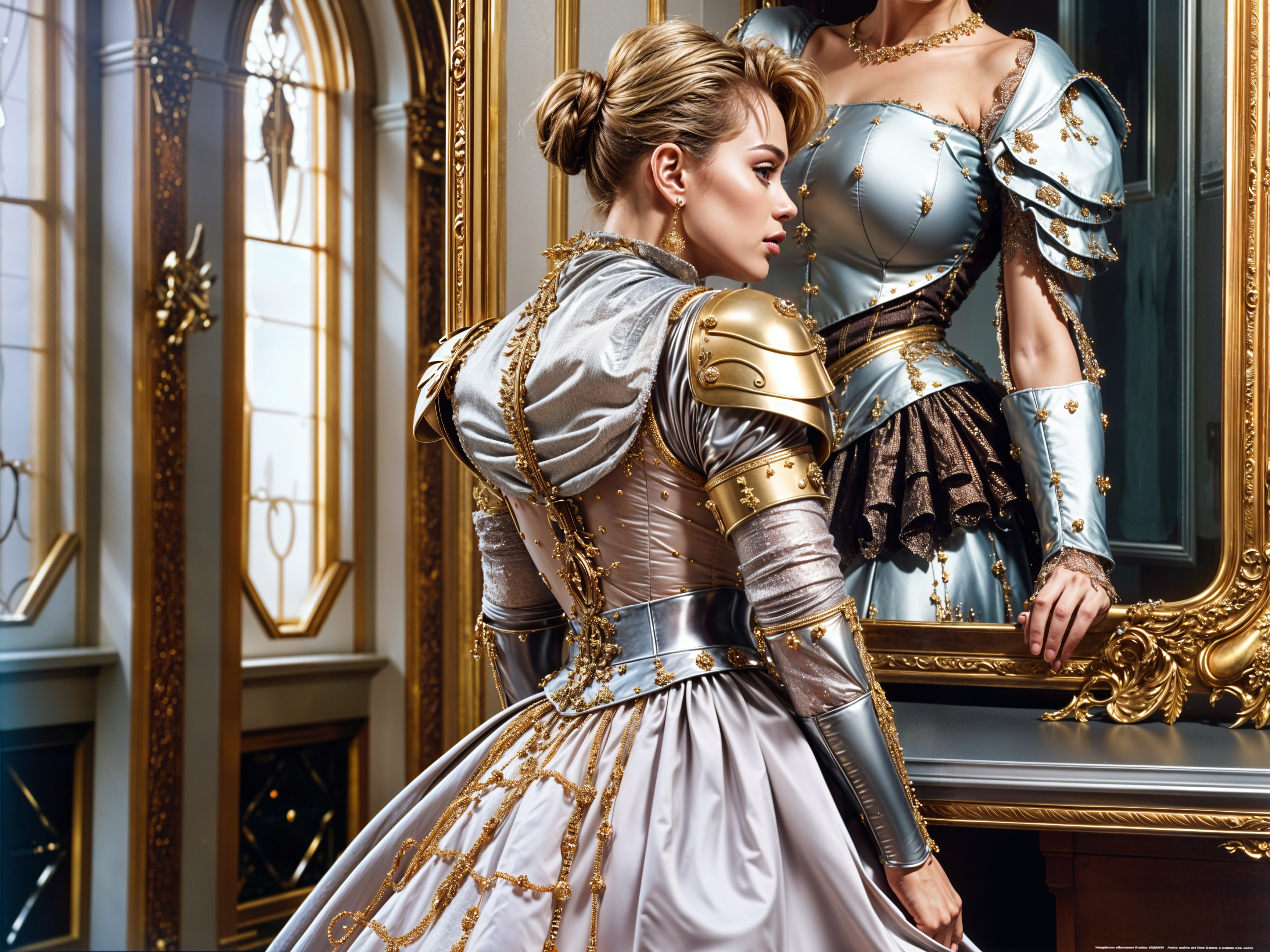 Elegant Woman in Silver and Gold Gown in Opulent Room