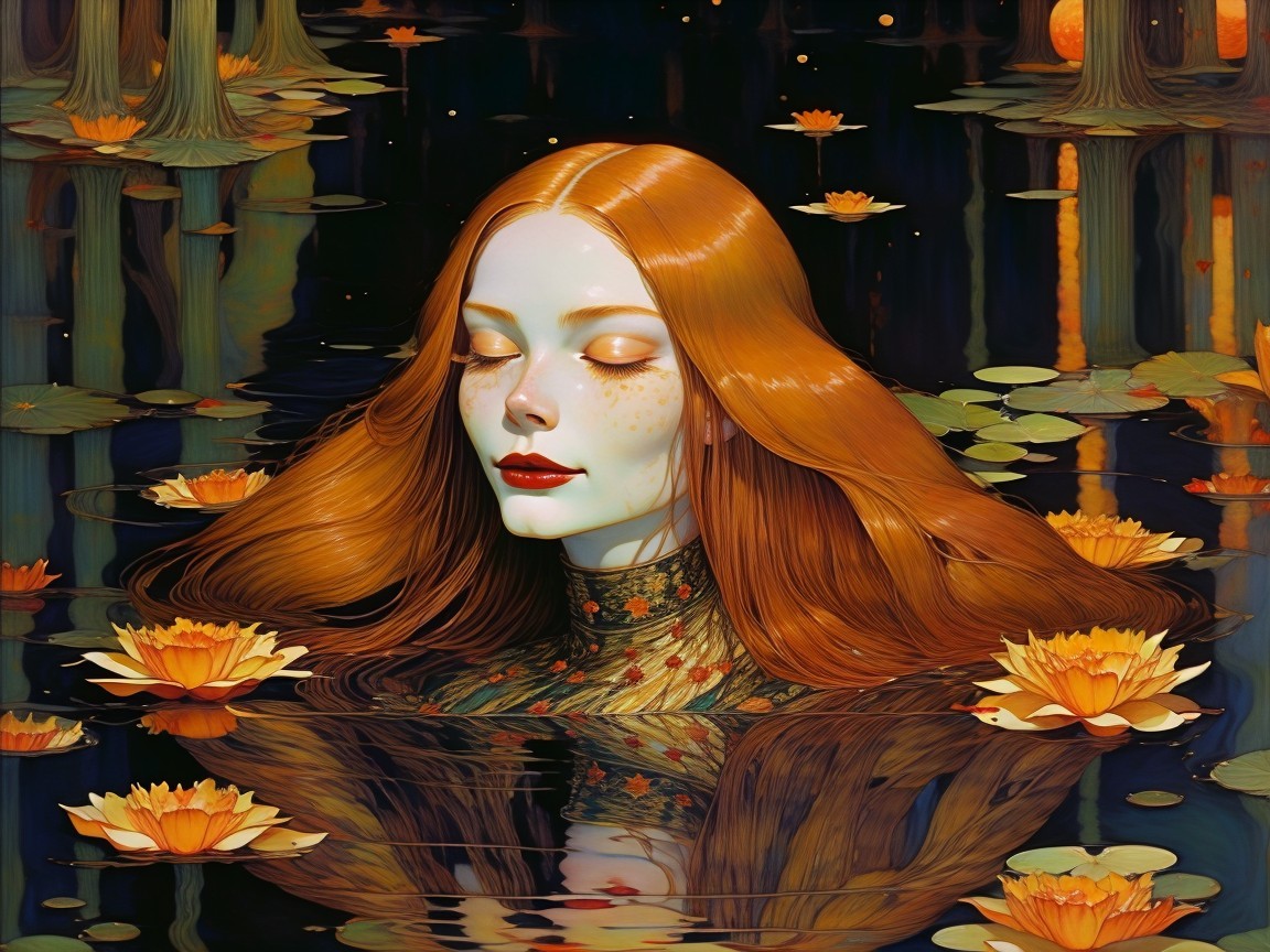 Serene woman in a lily-covered pond with red hair