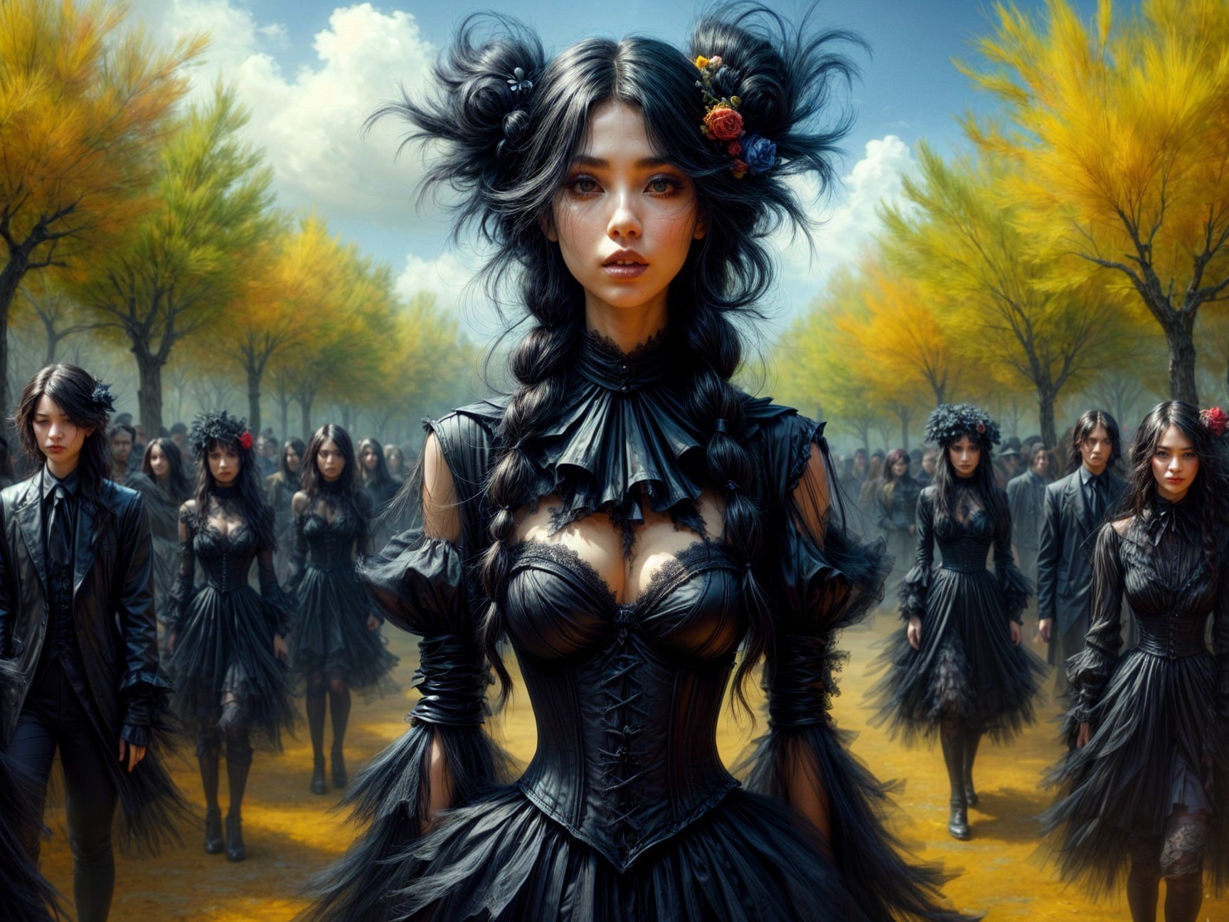 Elaborate Black Attire Amidst Golden Trees and Blue Sky