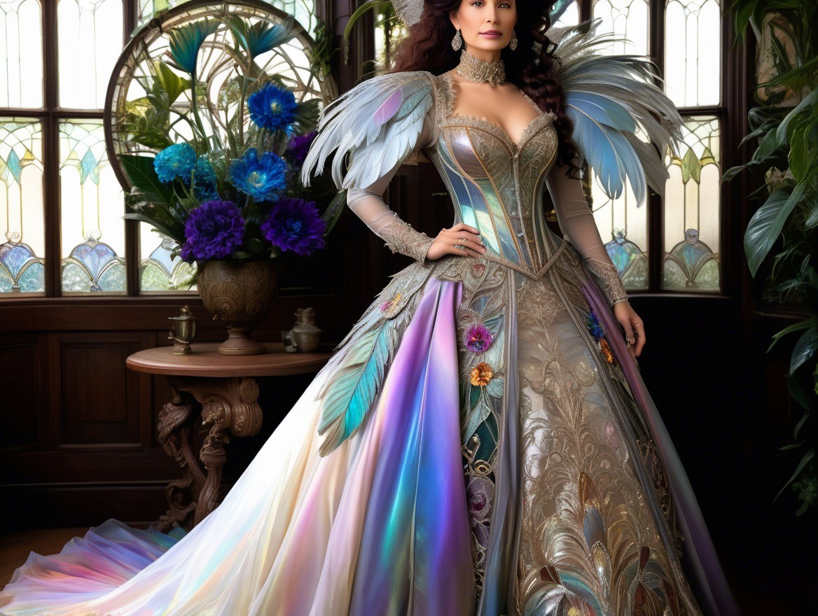 Majestic gown with iridescent hues and embroidery