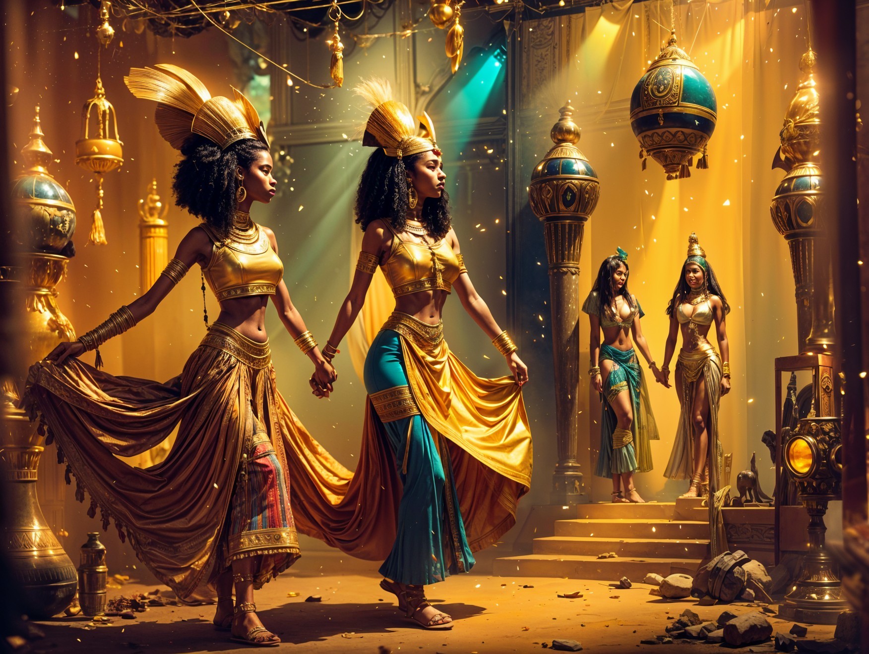 Elegant Women in Golden Attire in Ornate Hall