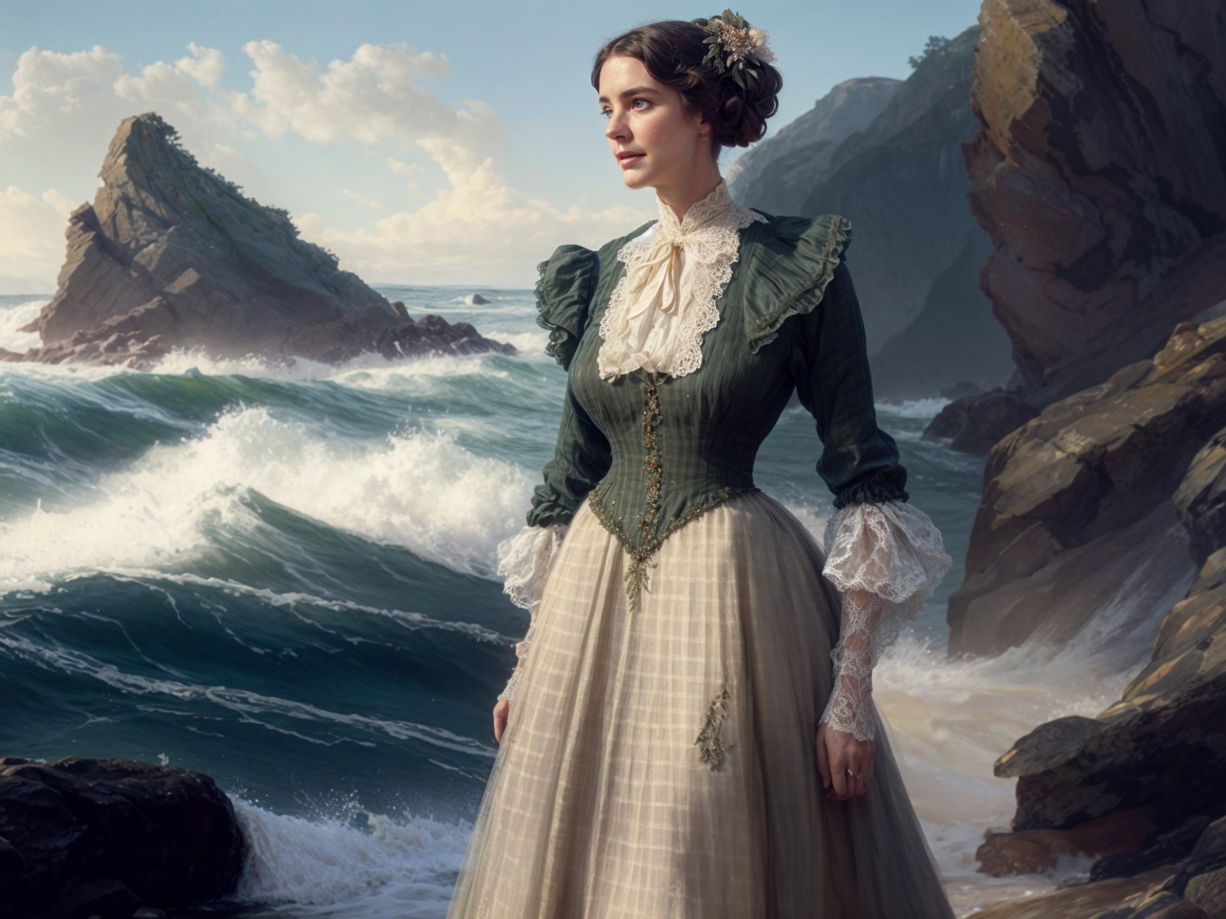 Vintage gown by the sea with cliffs and waves backdrop