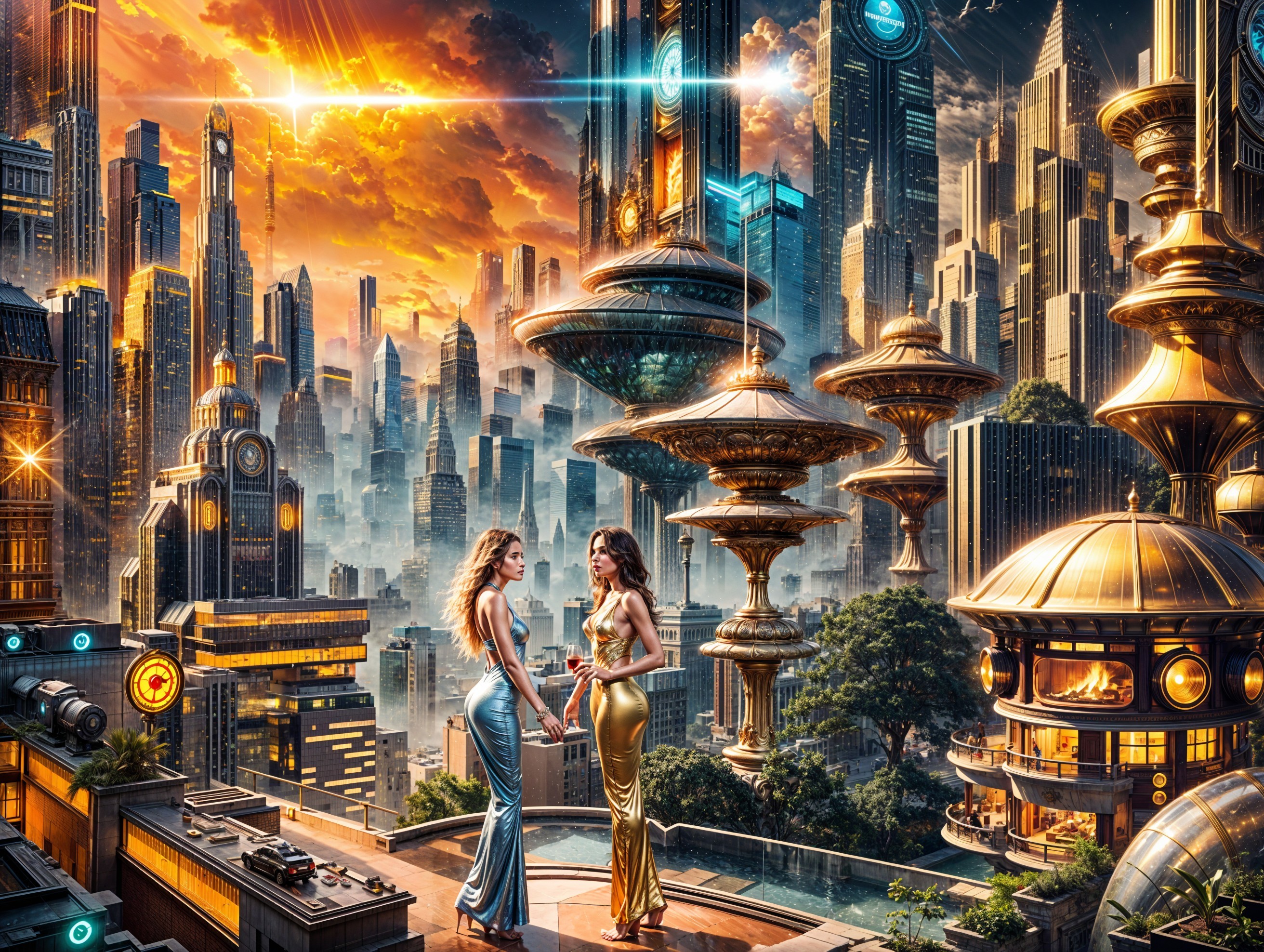 Futuristic City Skyline with Elegant Women on Rooftop