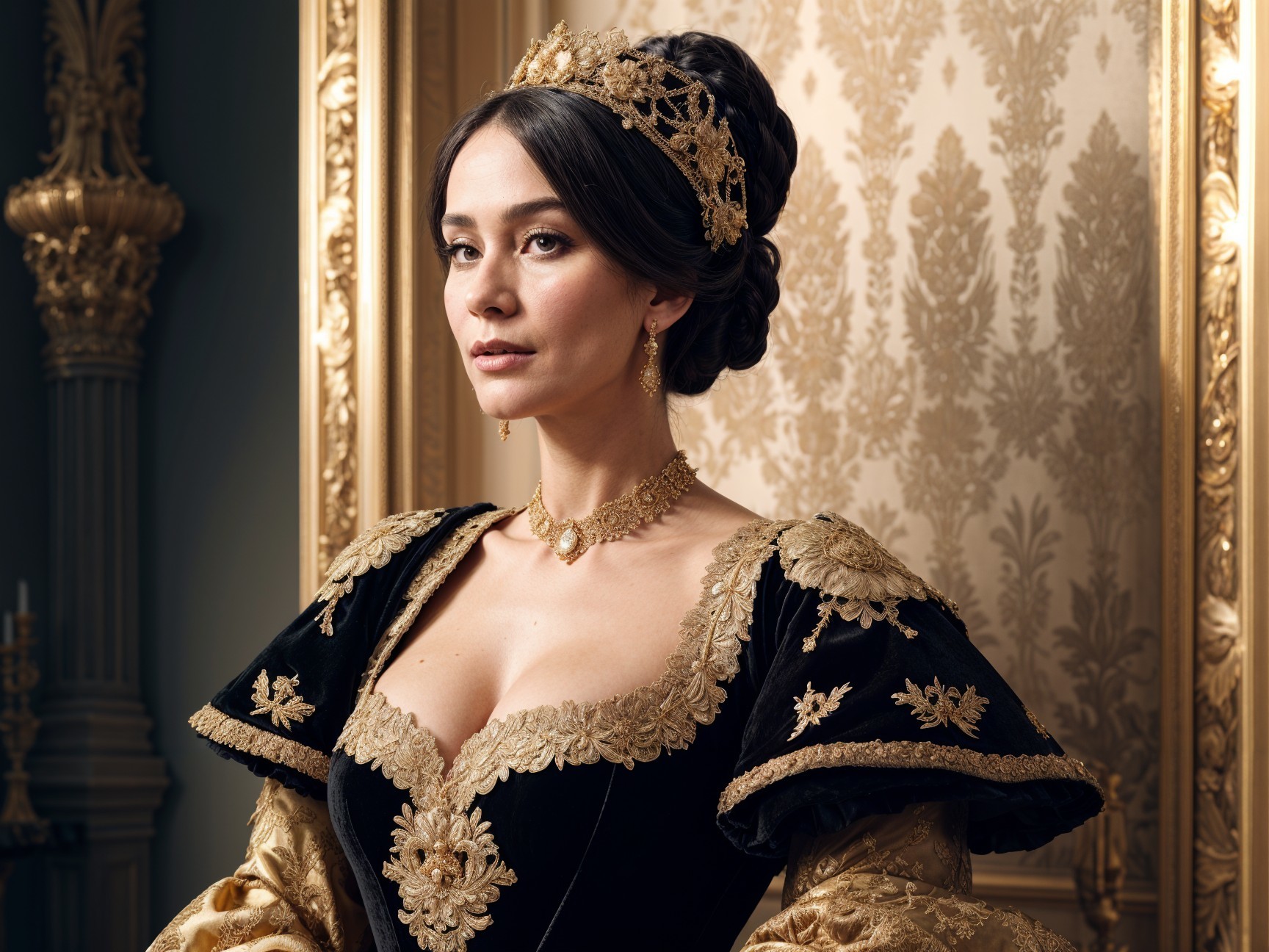 Elegant Woman in Historical Gown with Crown and Jewelry
