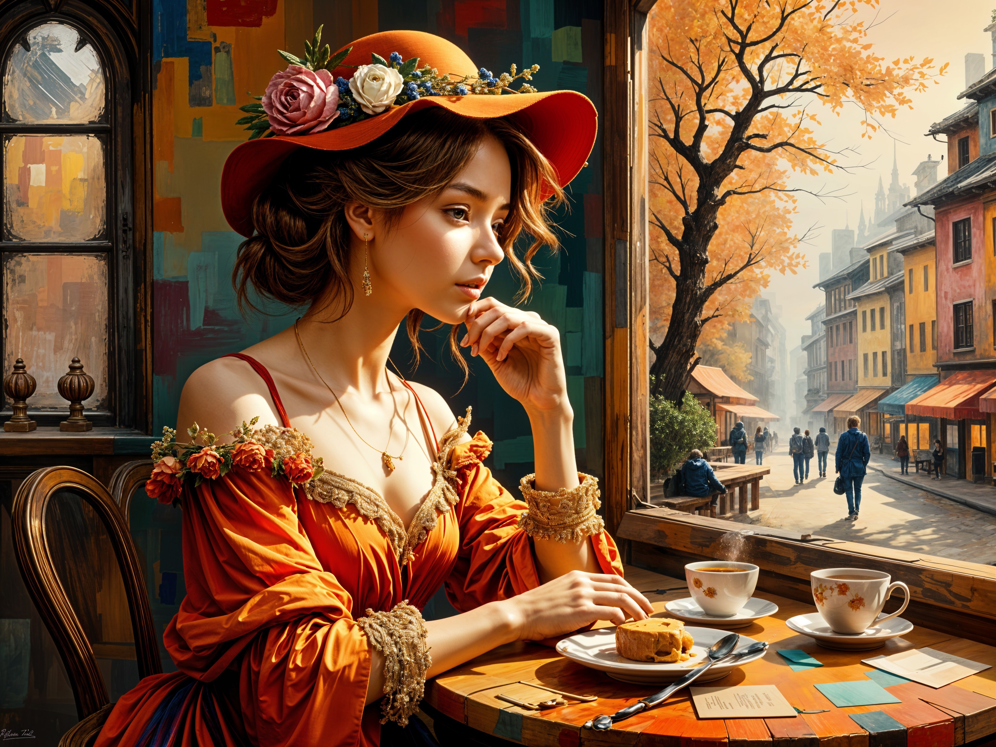 Young woman in orange dress at café with autumn view