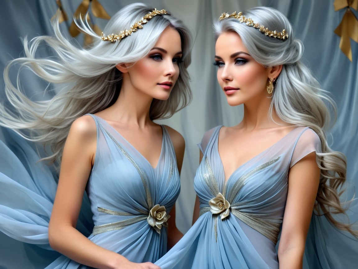 Elegant Women in Blue Gowns with Silver Hair