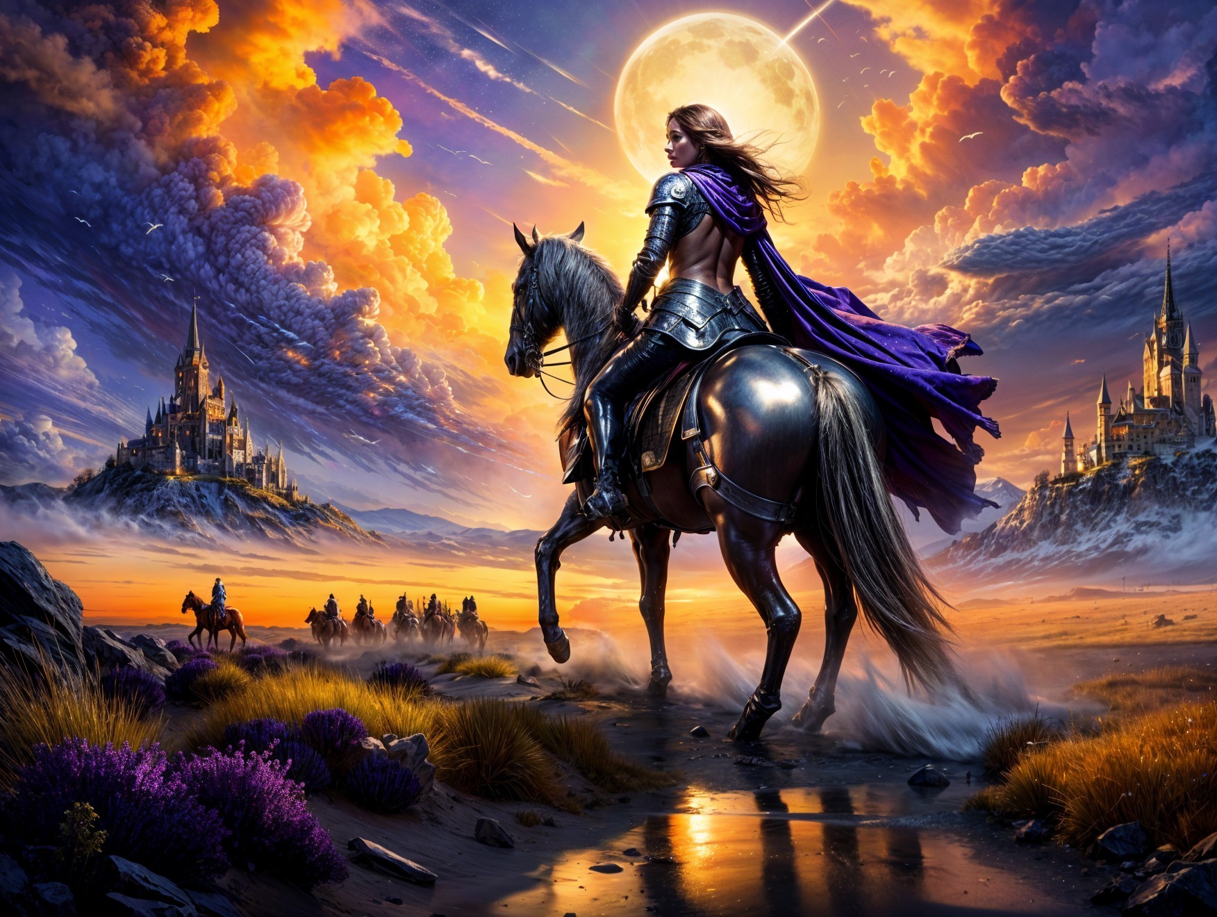 Warrior on Horseback at Sunset with Moon and Castle