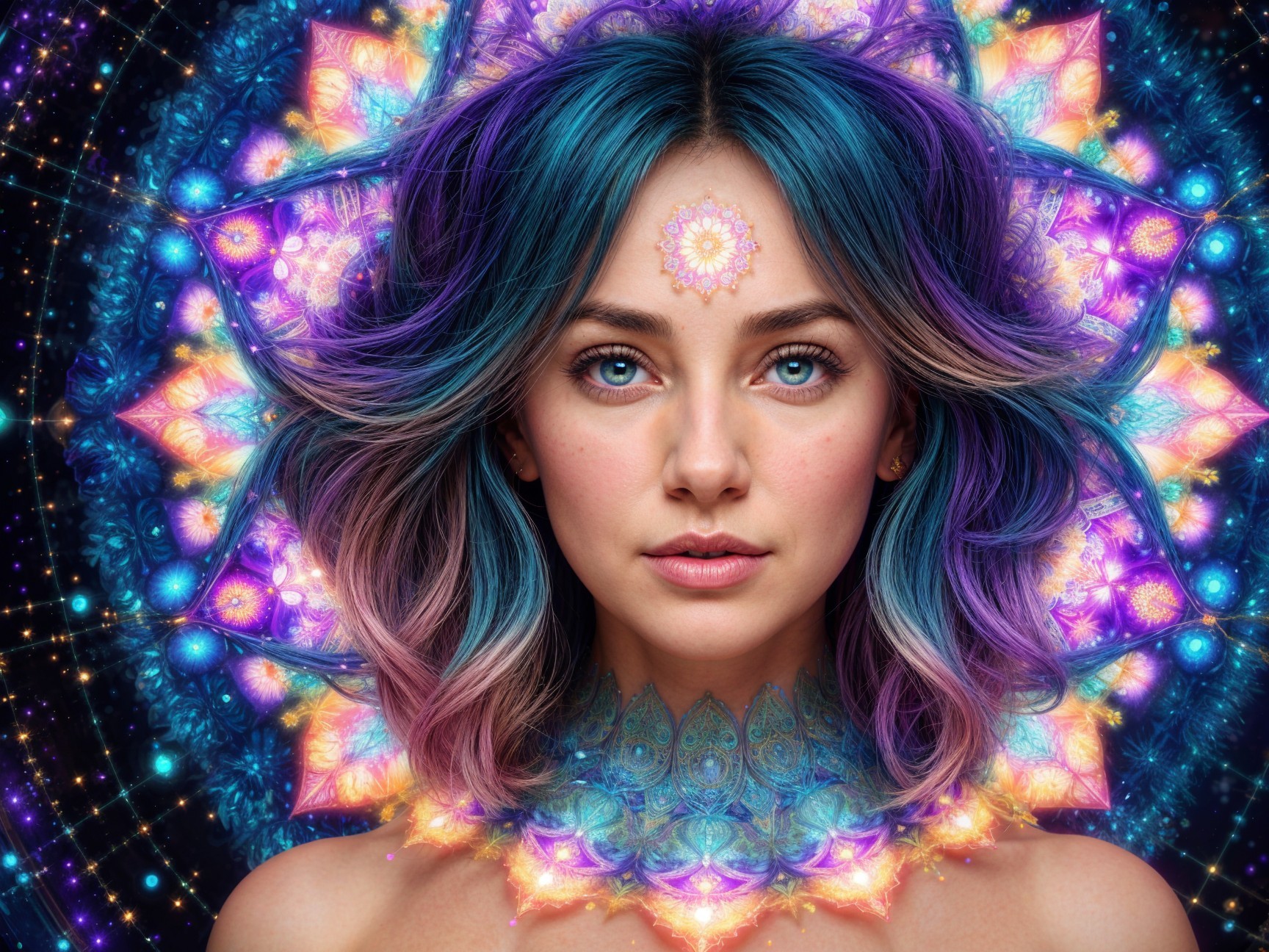 Portrait of a woman with multi-colored hair and mandala