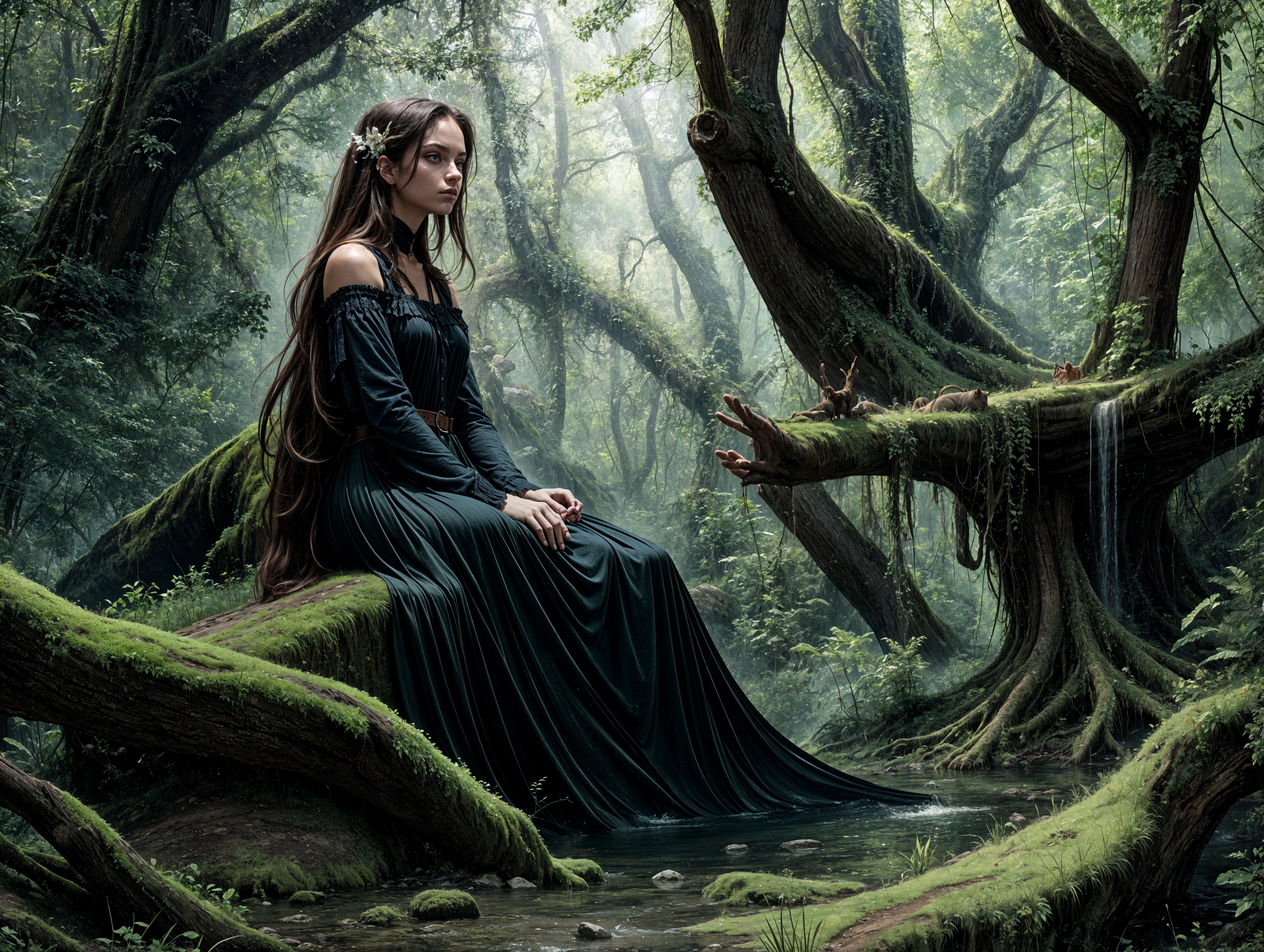 Young woman in gown by serene stream in misty forest