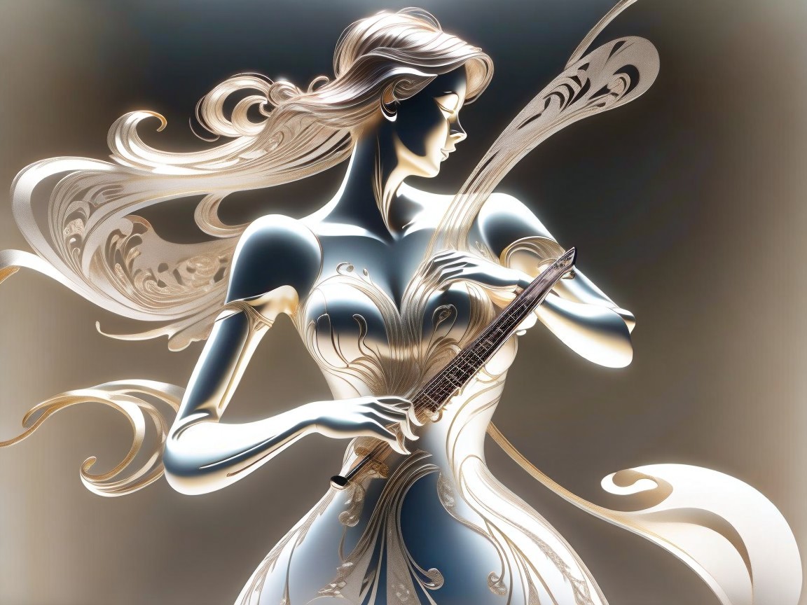 Stylized 3D Woman in Gold and White Gown with Flute