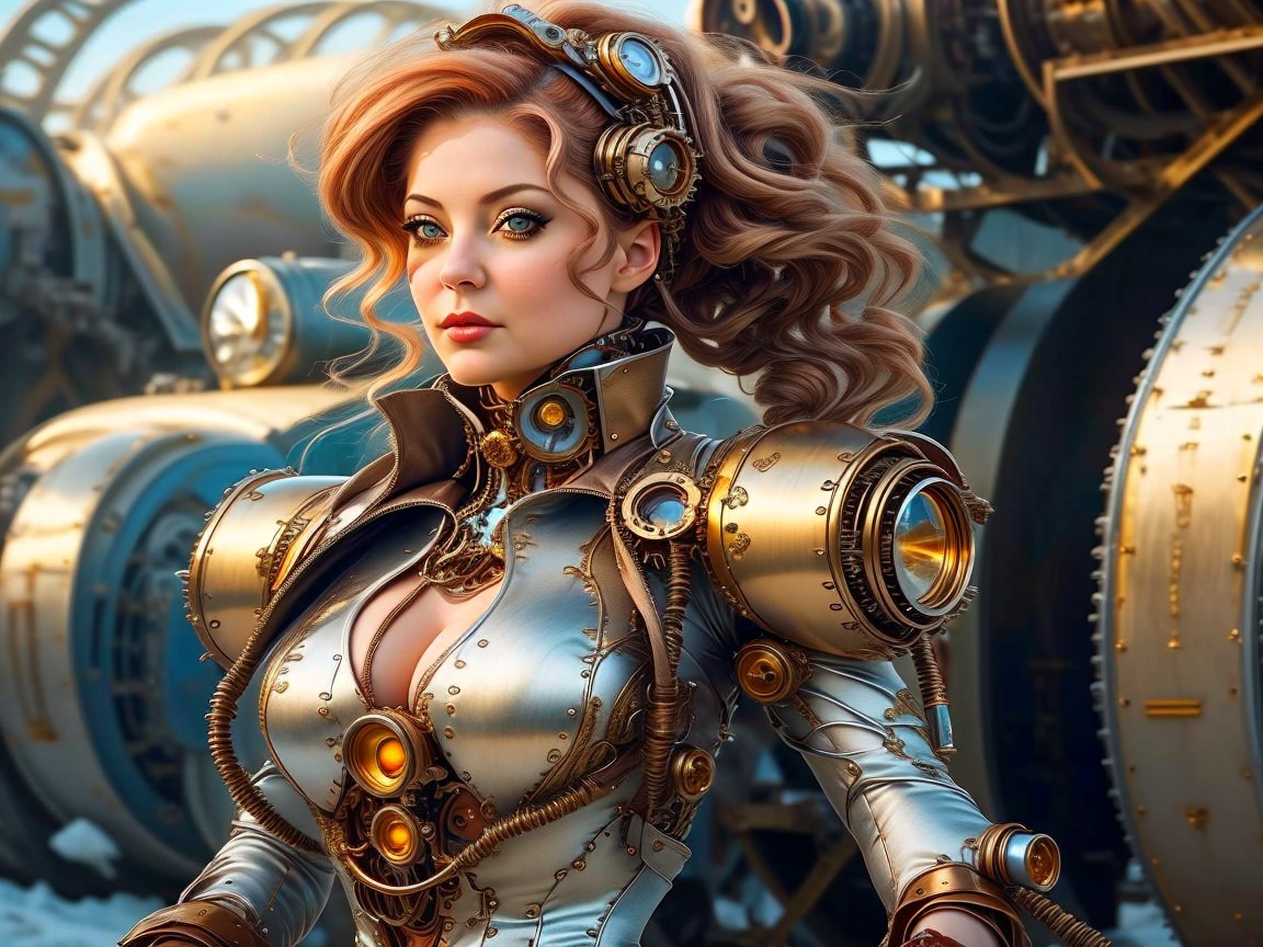 Steampunk Female Figure Amid Intricate Machinery
