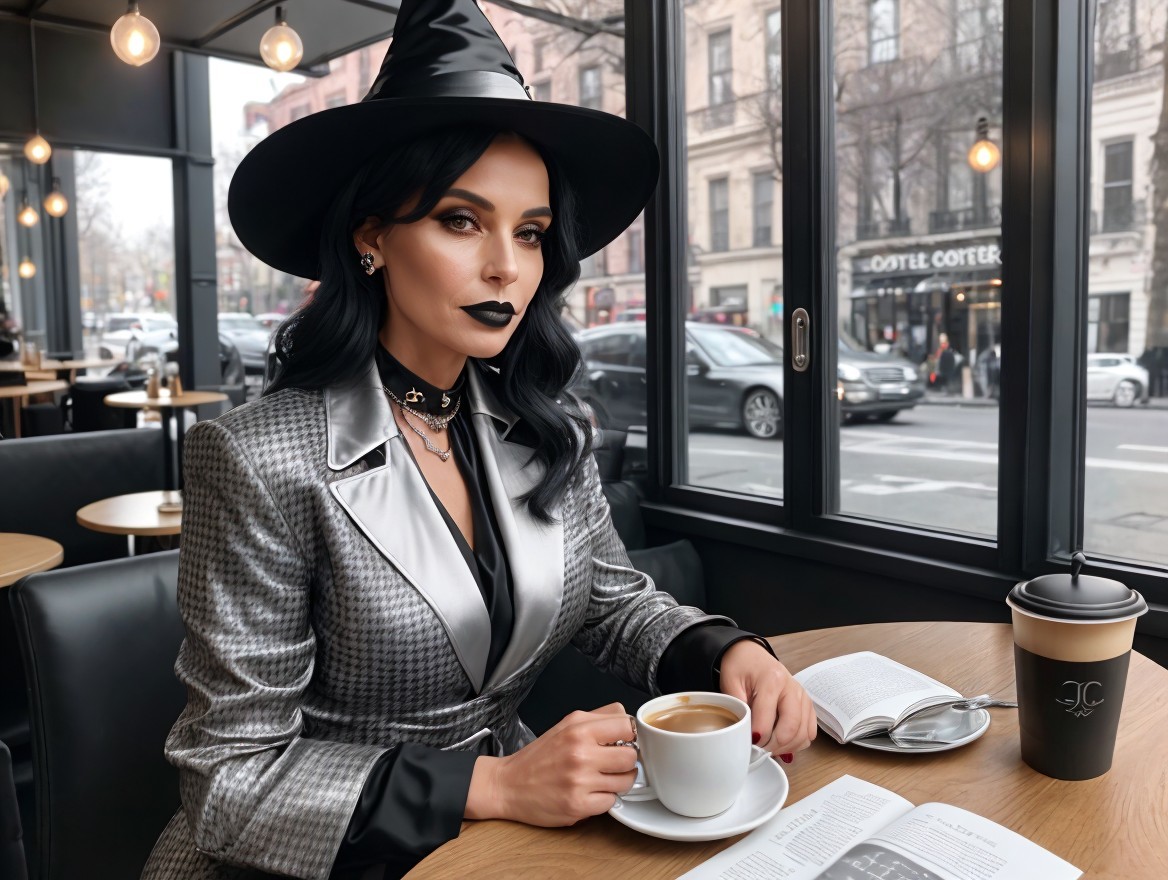 Stylish Woman in Black Hat at Trendy Café Setting