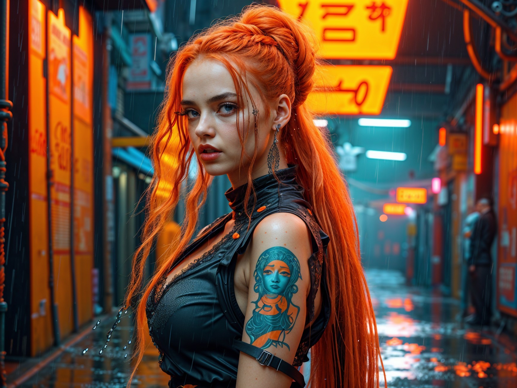 Vibrant Figure in Neon Alley with Rain Reflections