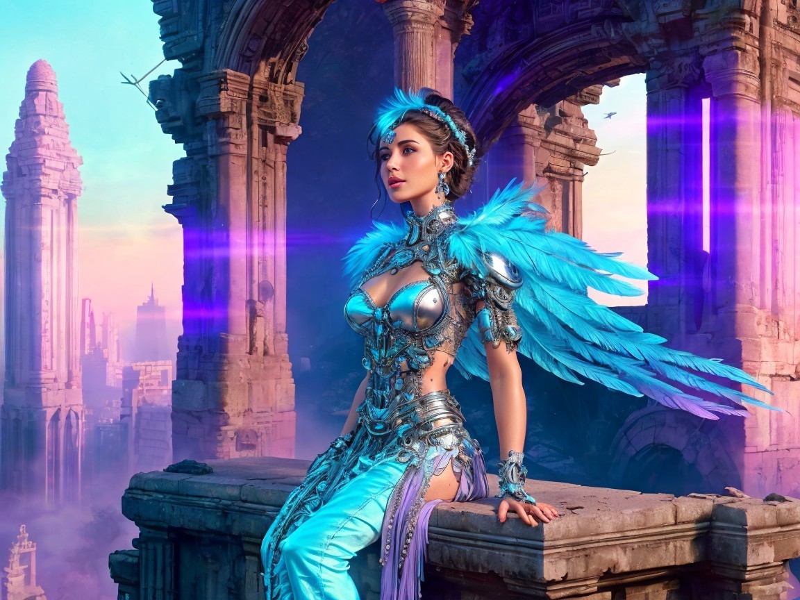 Majestic Female Figure with Armor and Feathered Wings