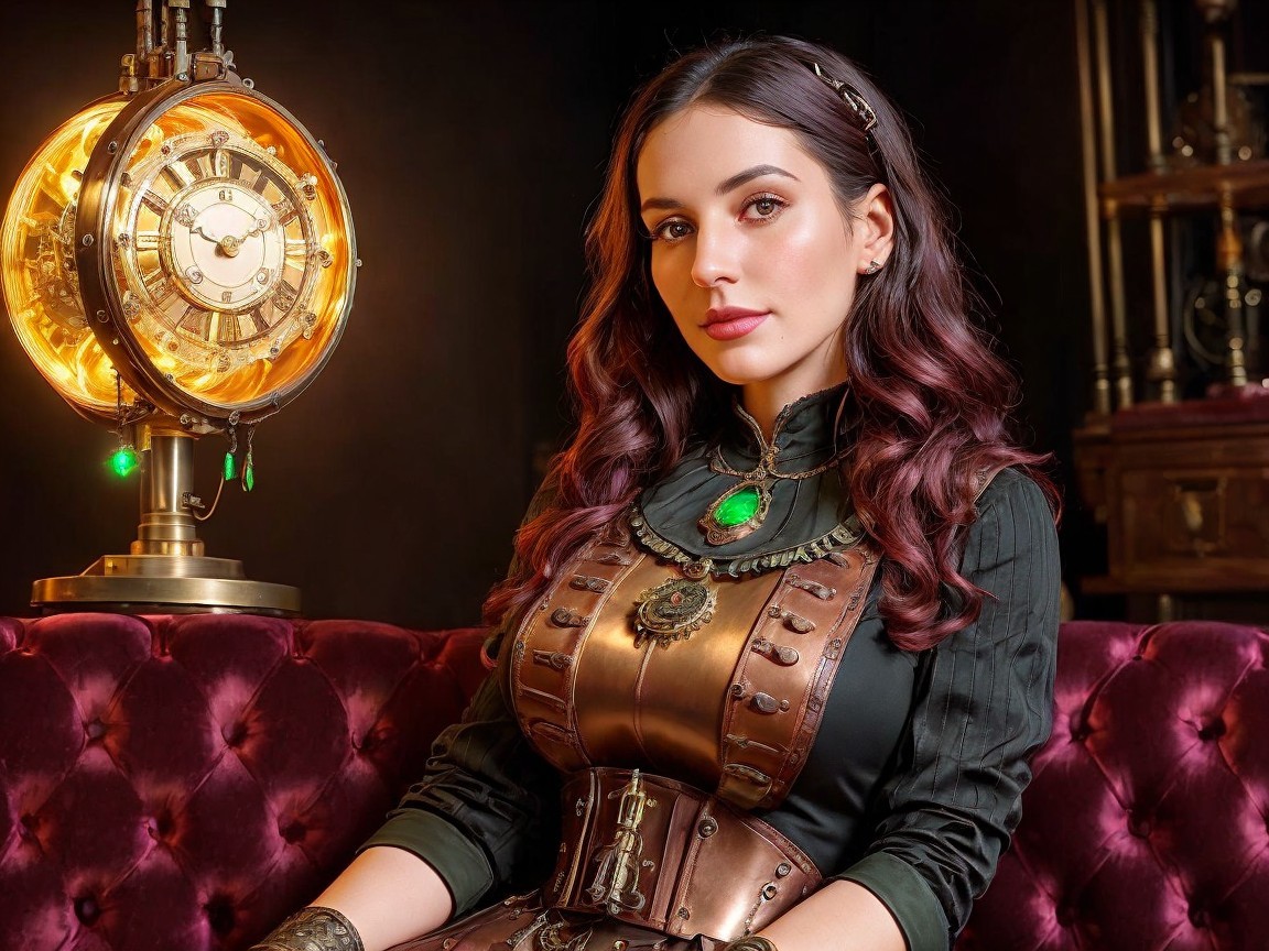 Elegant Woman in Steampunk Outfit on Velvet Sofa