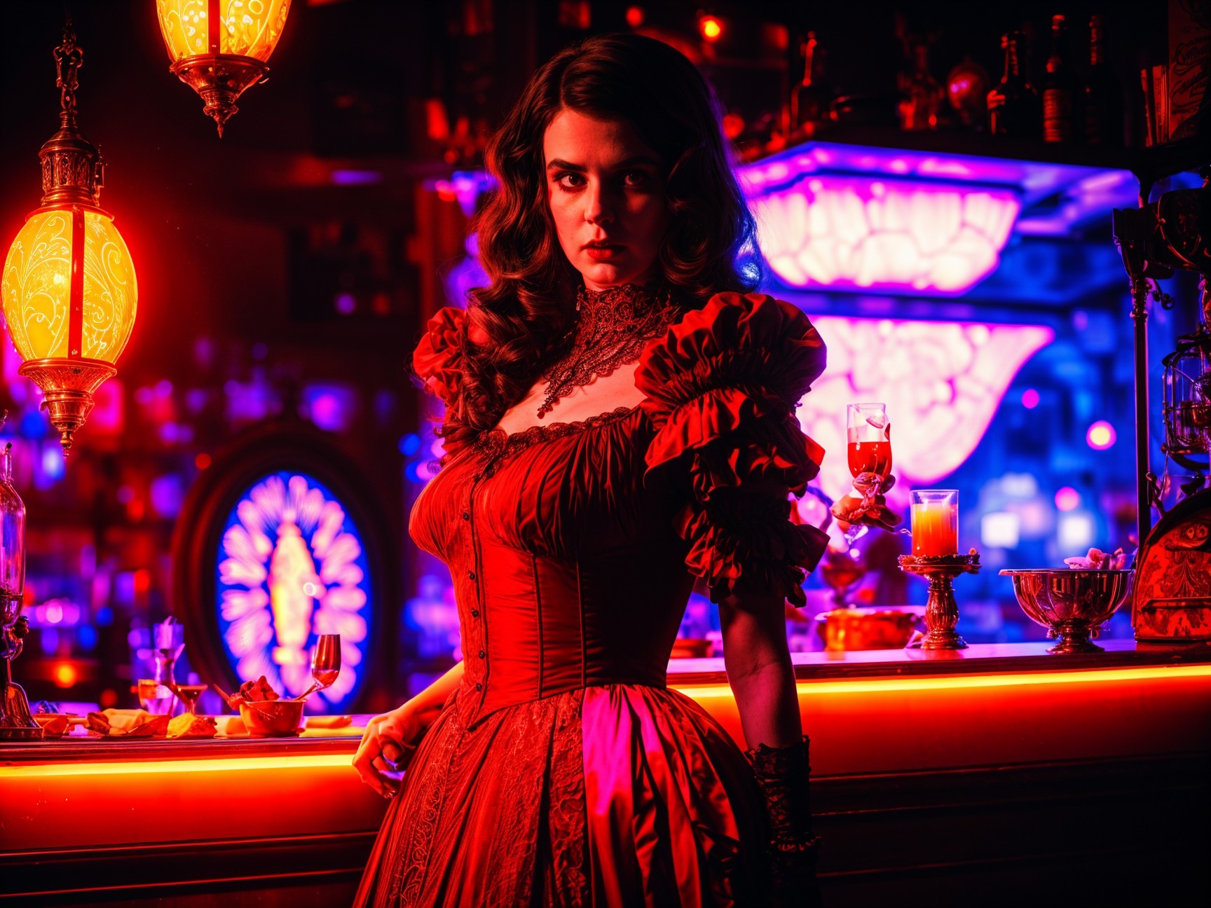 Elegant Woman in Ruffled Red Dress at Vibrant Bar