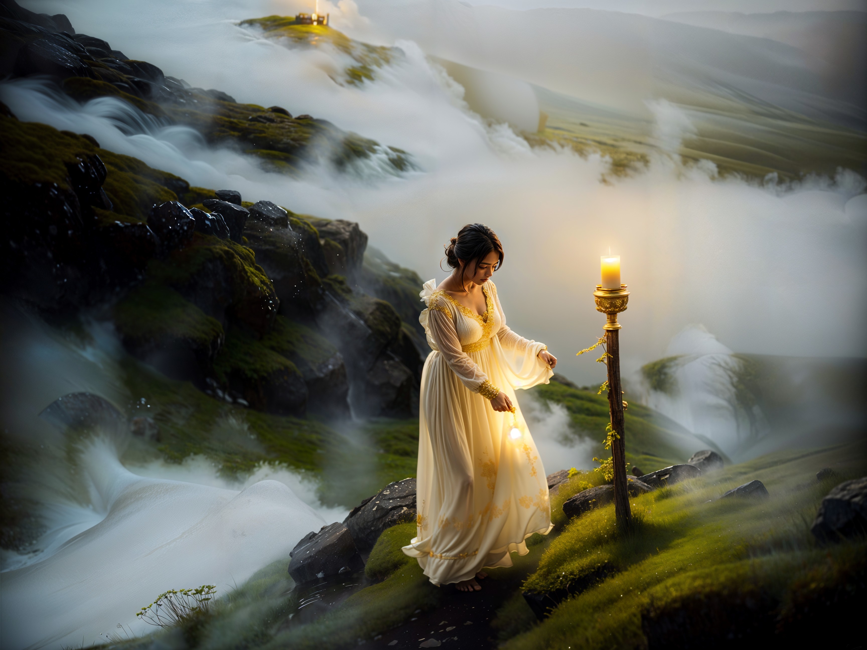 Young Woman in White Gown on Misty Hillside with Lantern