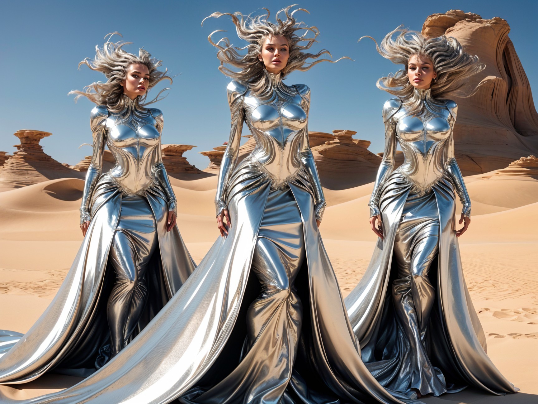Futuristic Figures in Metallic Gowns in Desert Landscape
