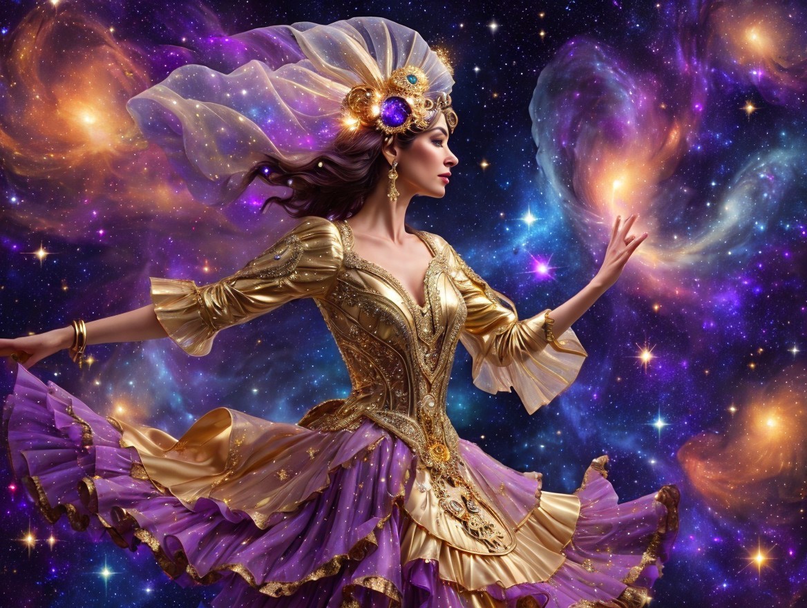 Celestial Dancer in Shimmering Gown and Cosmic Setting