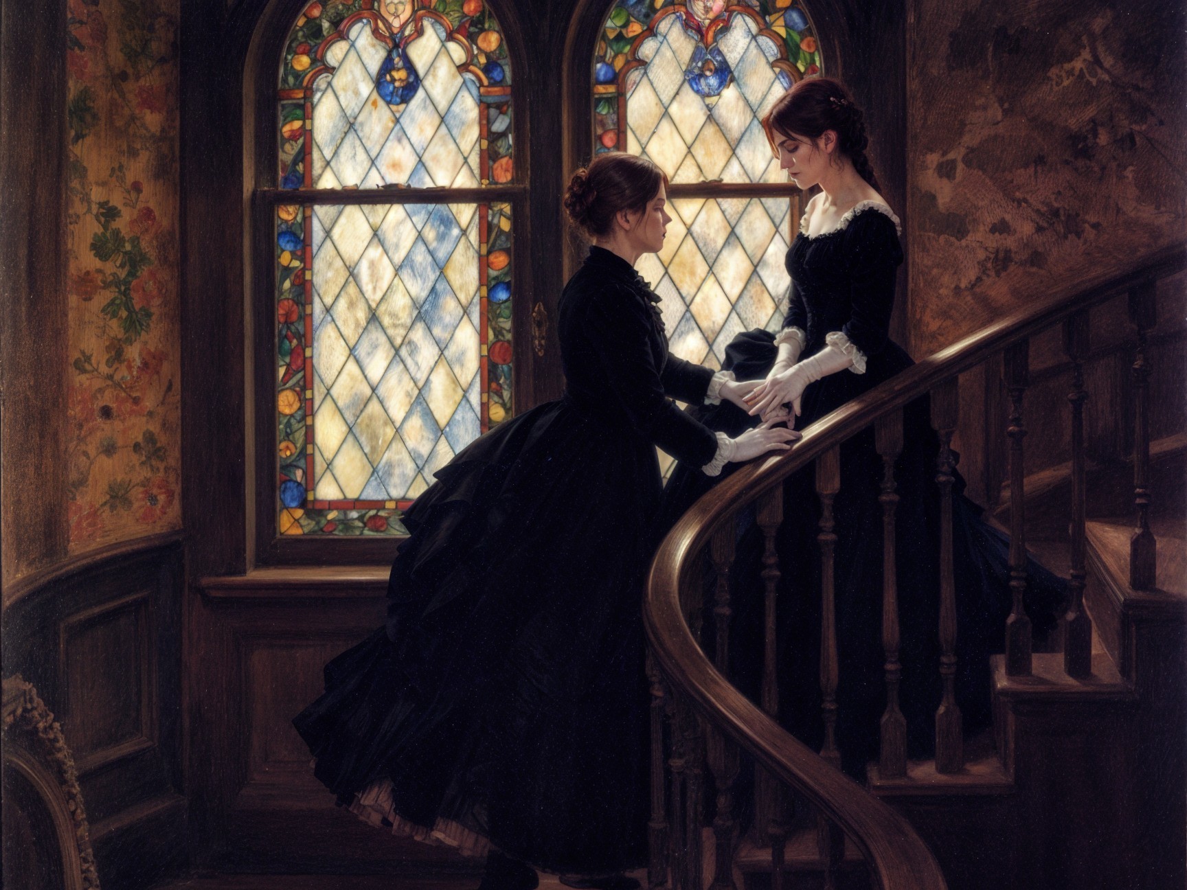 Victorian Women in Black Gowns on Grand Staircase