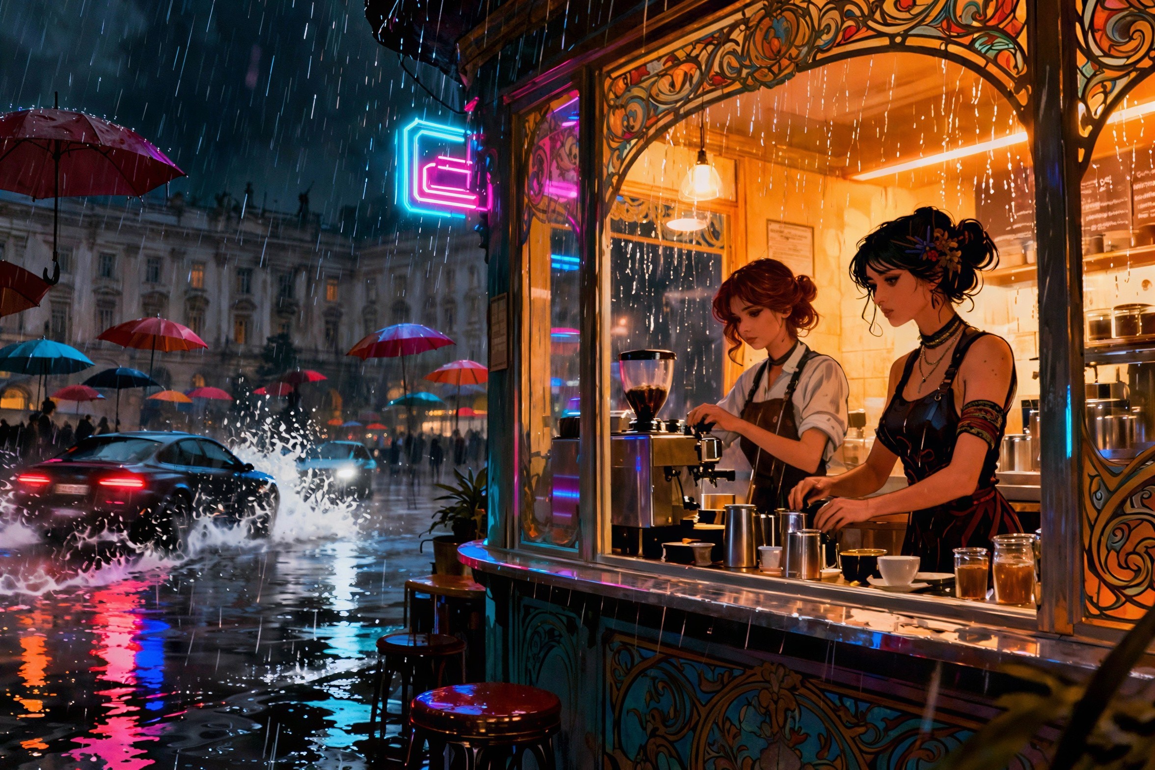 Cinematic Anime Scene in Rainy Coffee Shop Setting