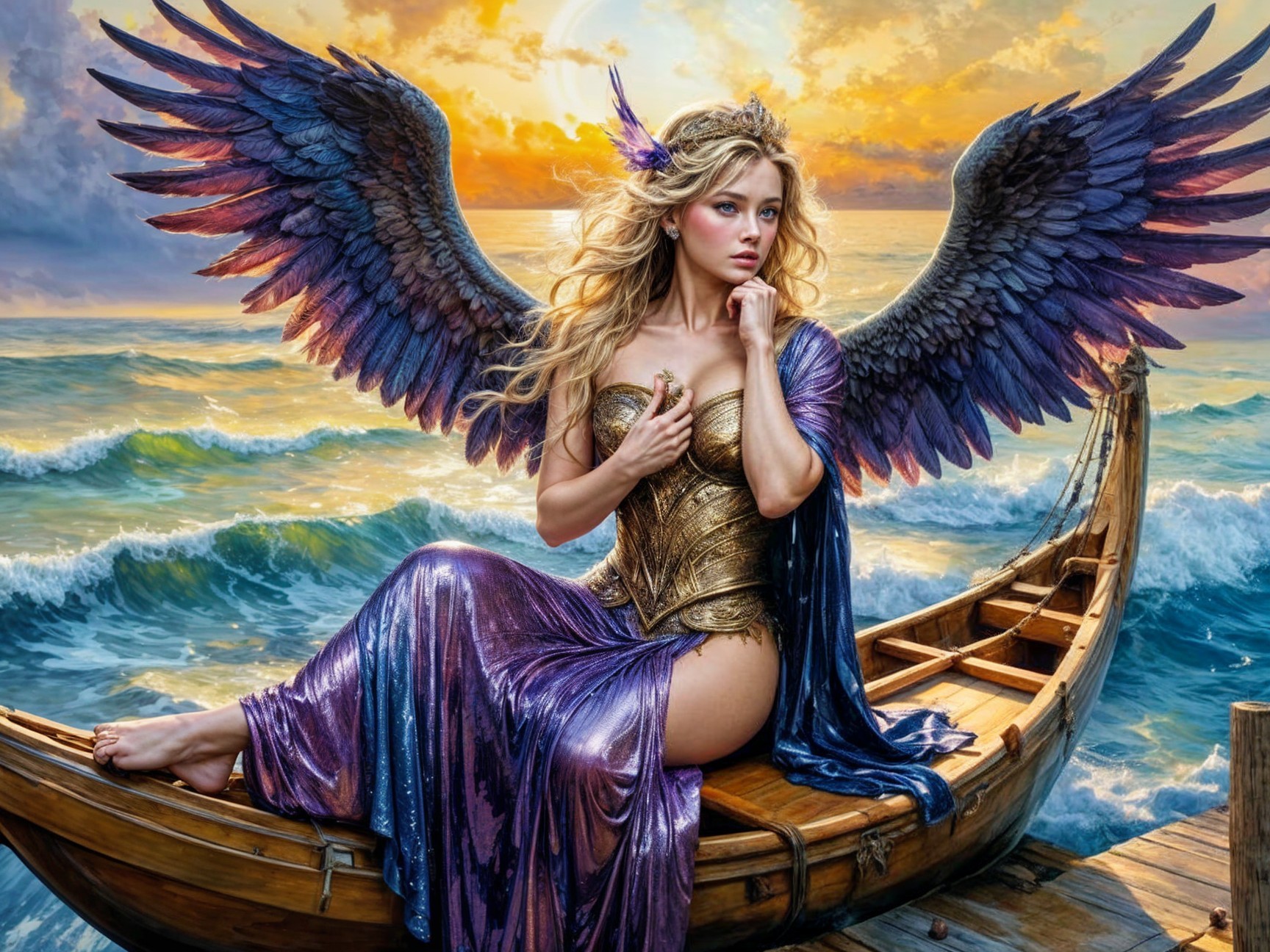 Majestic figure in boat with purple wings at sunset