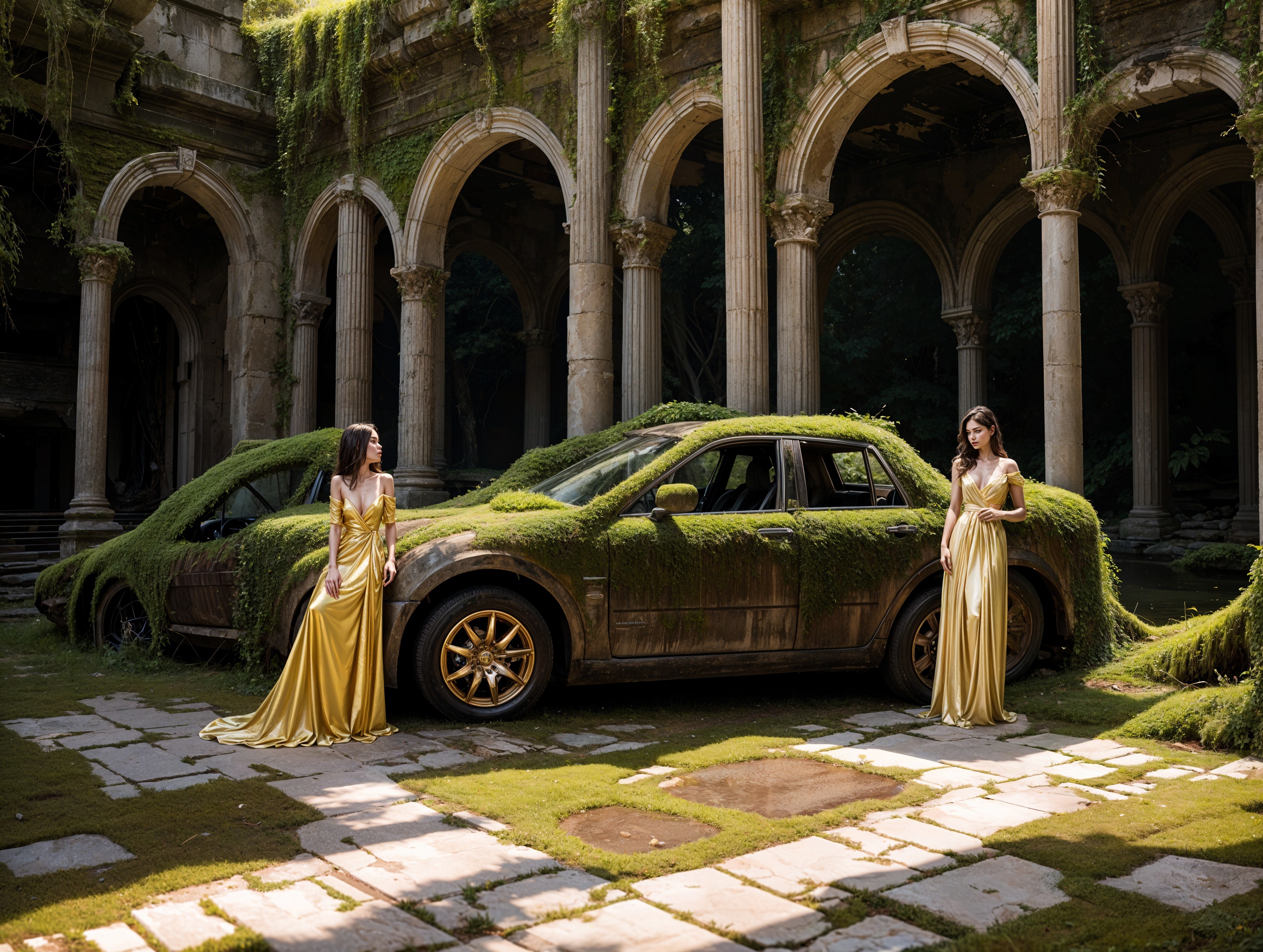 Surreal Scene of Women in Yellow Gowns in Courtyard