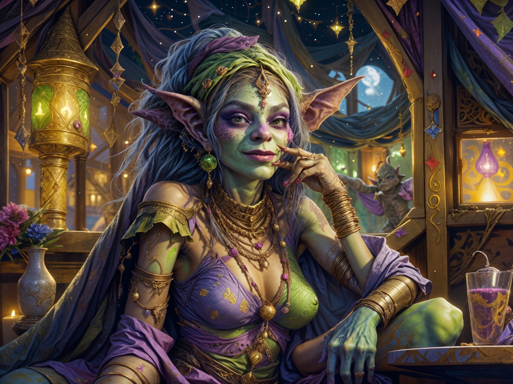 Mystical Goblin Woman in Colorful Adorned Room