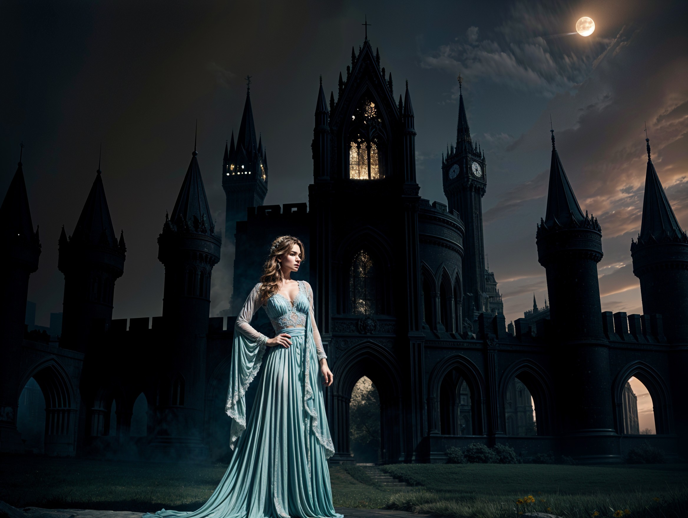 Regal Figure in Light Blue Gown by Gothic Castle