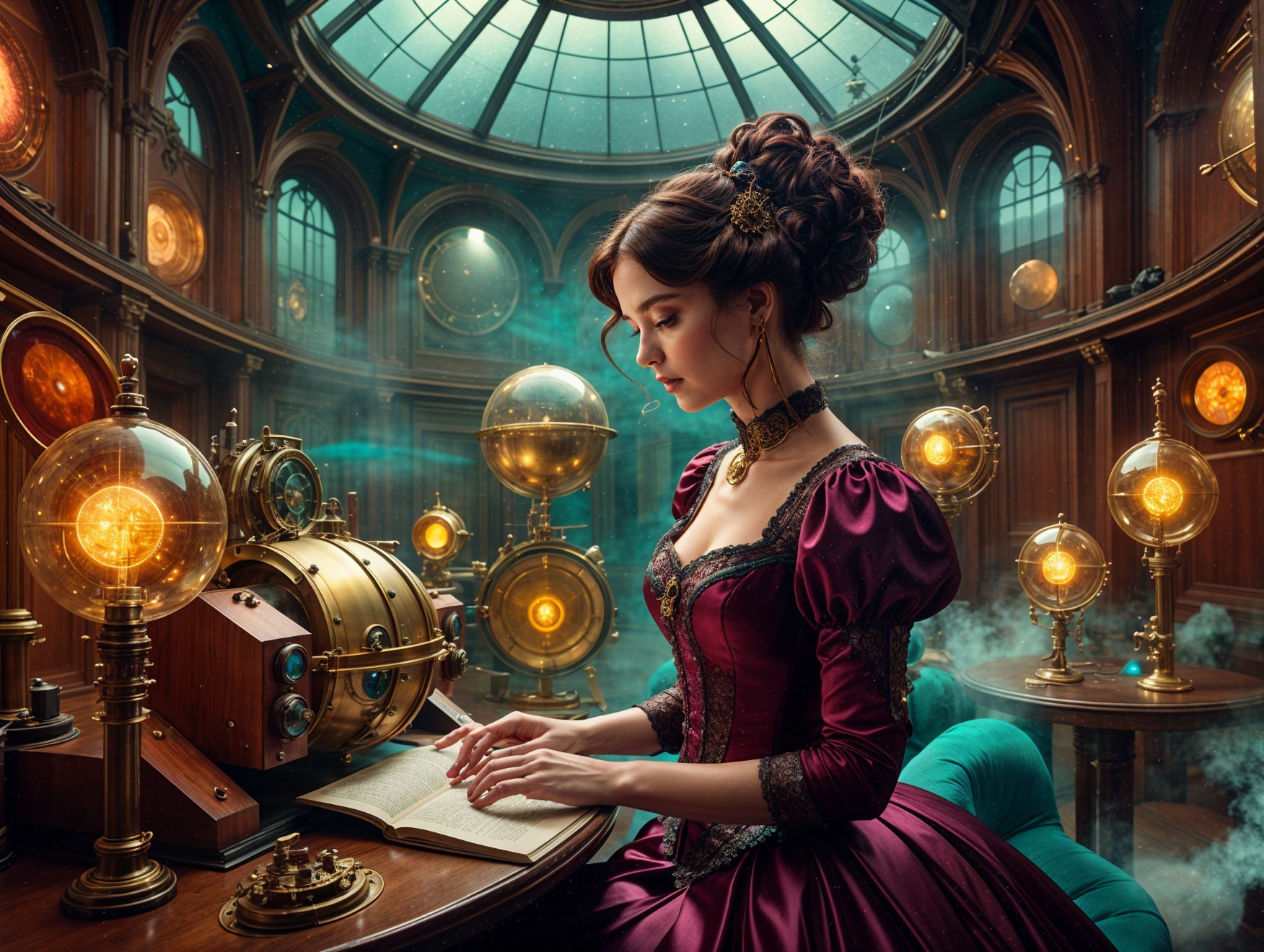 Elegant Woman in Celestial-Themed Library Setting