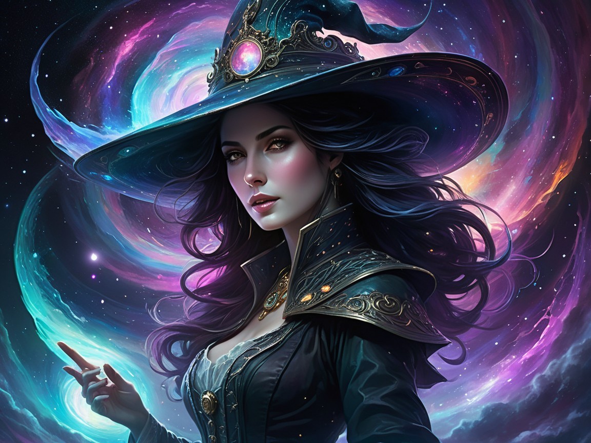 Elegant Cosmic Fantasy Witch in Stylish Attire