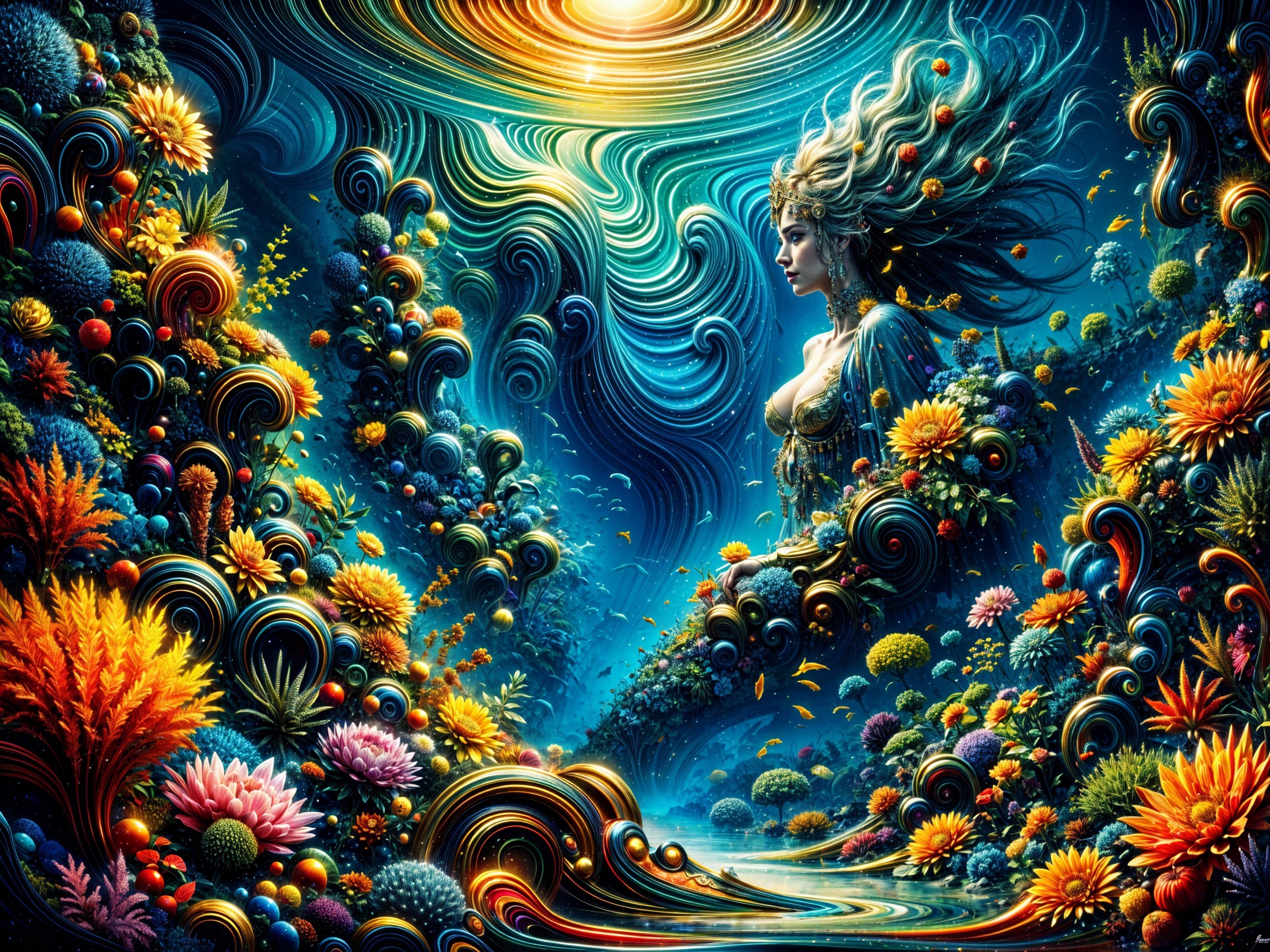 Celestial Woman in Vibrant Mystical Landscape