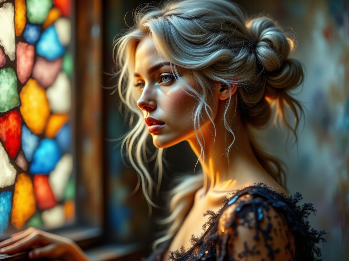 Profile of a Woman with Blonde Hair by a Stained Glass Window
