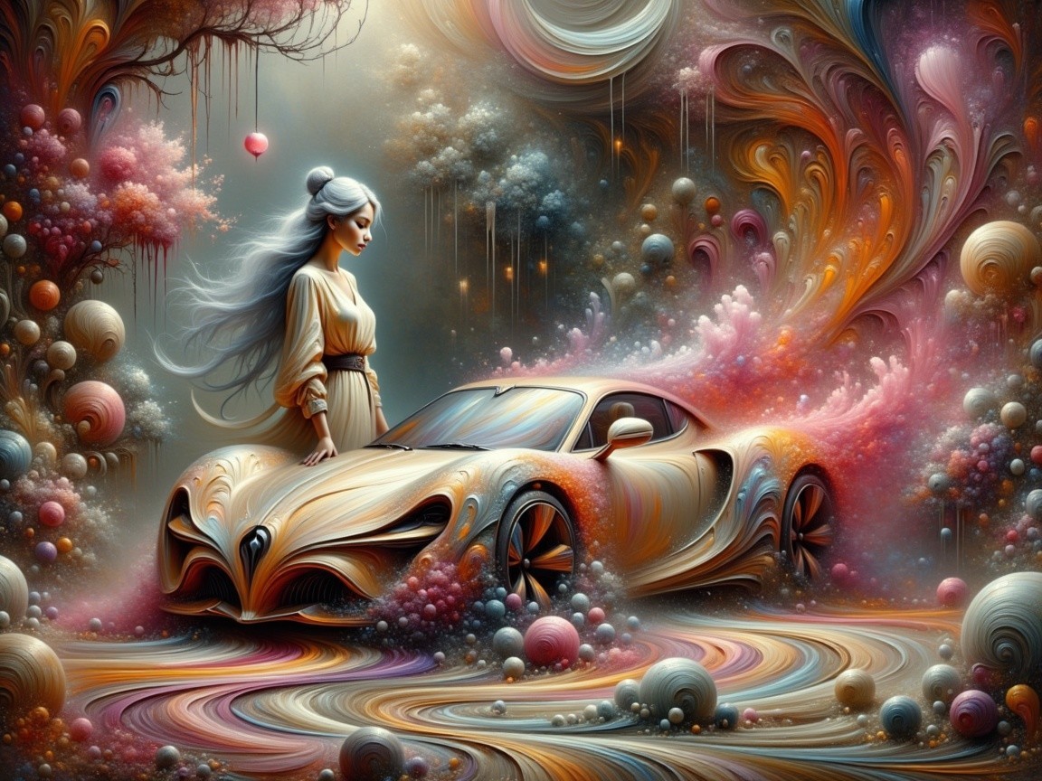 Surreal Car Scene with Vibrant Colors and Dreamy Background