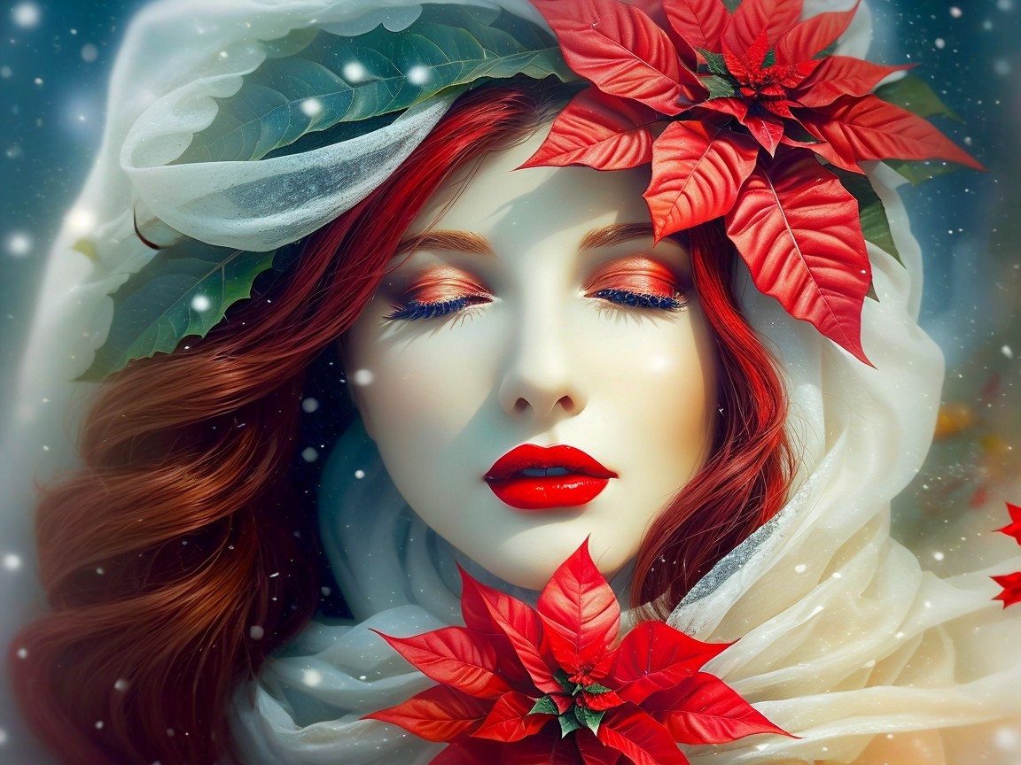 Detailed Portrait of a Young Woman with Poinsettias