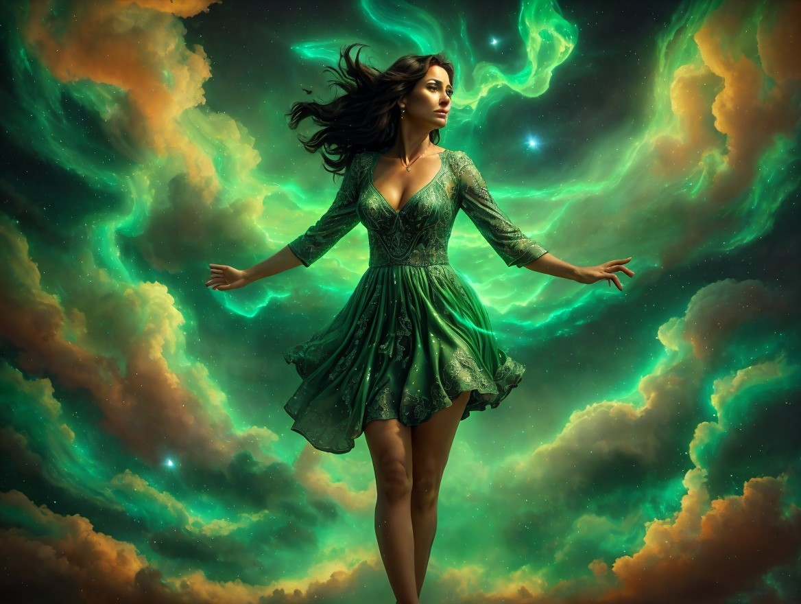 Woman in Green Dress Against Cosmic Backdrop