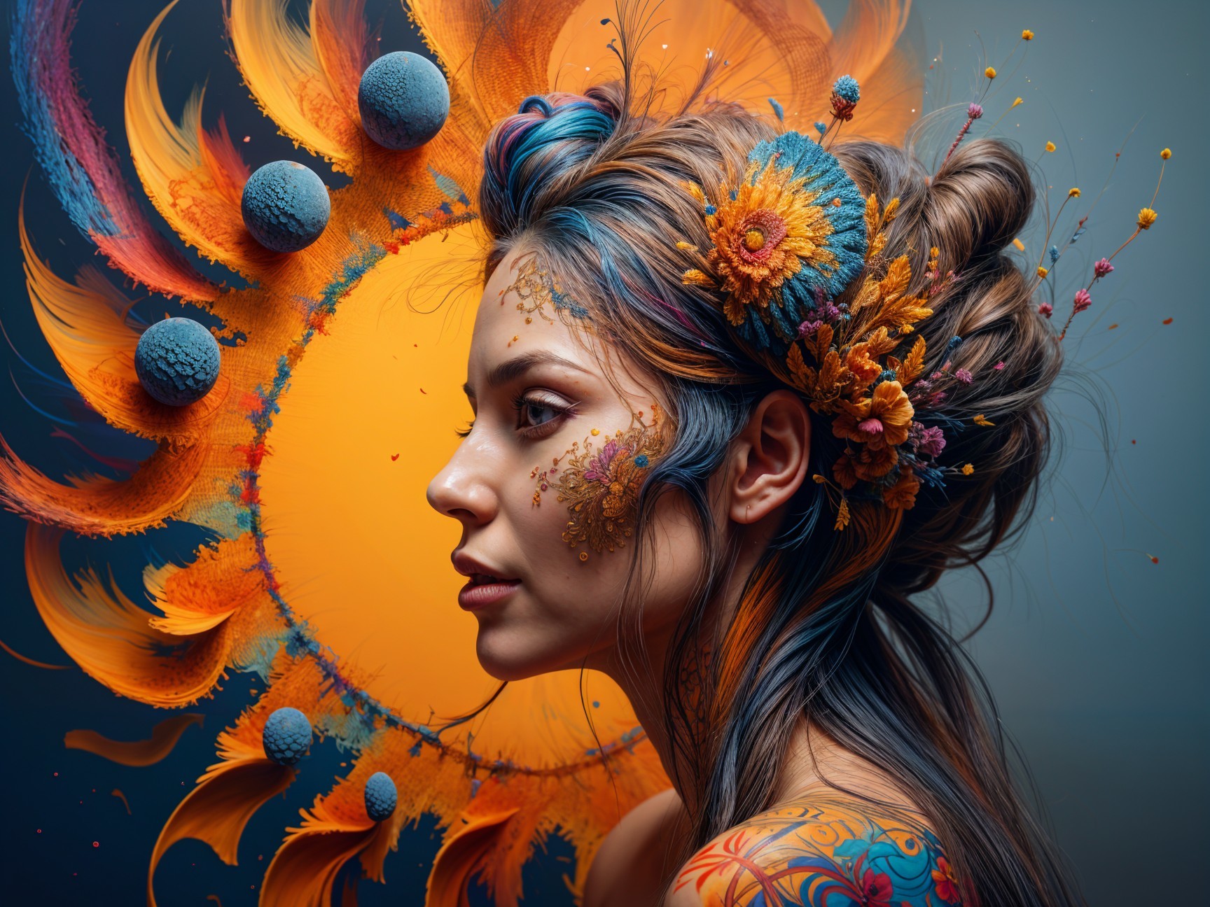 Portrait of a woman with floral hair and vibrant colors