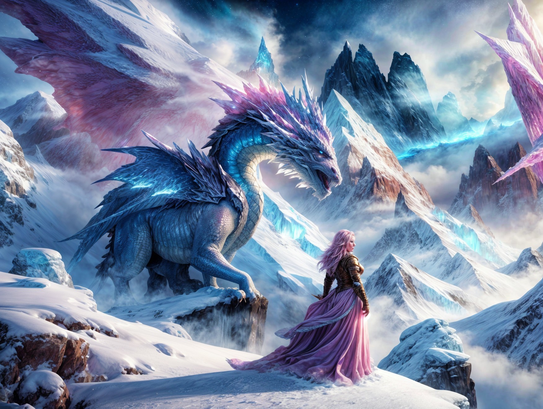 Majestic Blue Dragon in Icy Landscape with Mountains