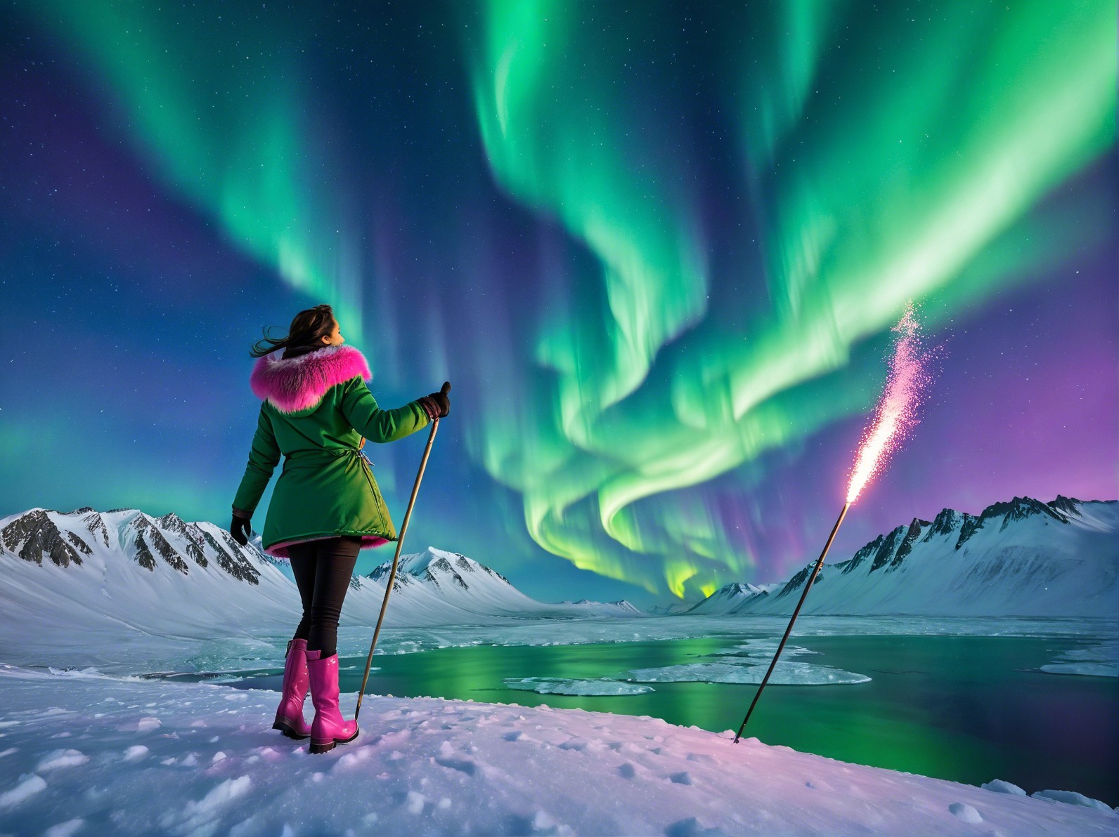 Woman in snowy landscape with aurora borealis and sparkler