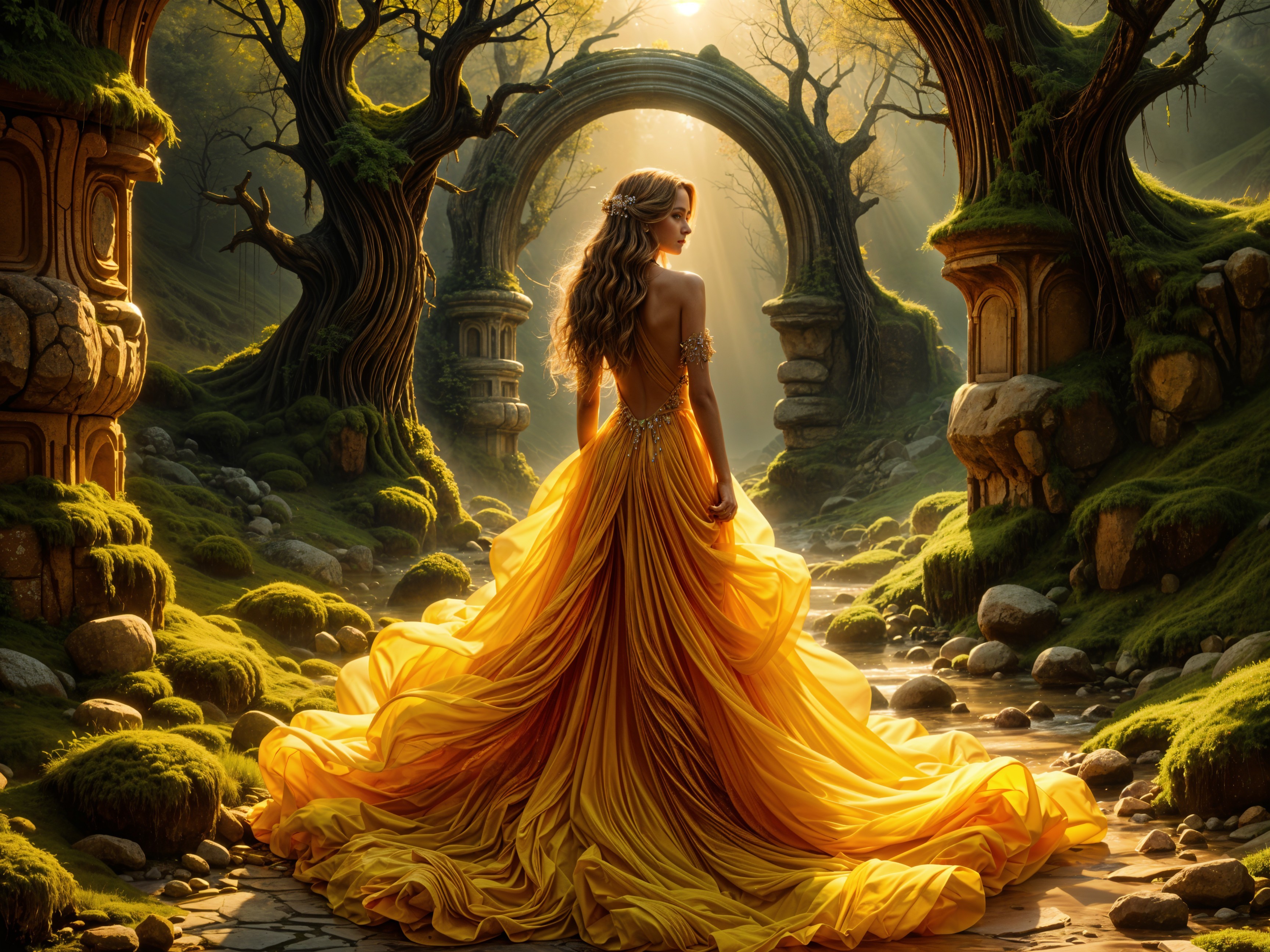 Woman in Yellow Gown in Enchanted Forest Scene