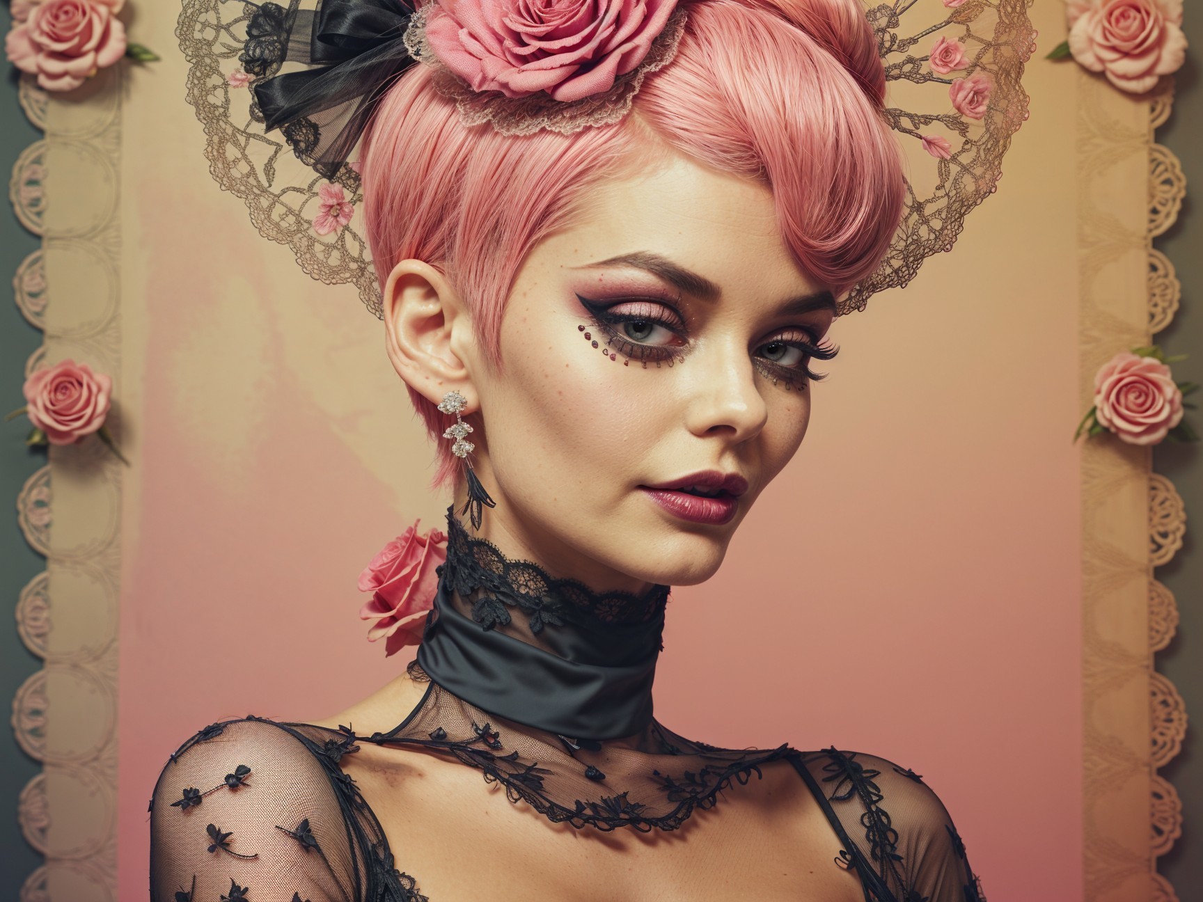 Portrait of a Woman with Pink Hair and Lace Dress