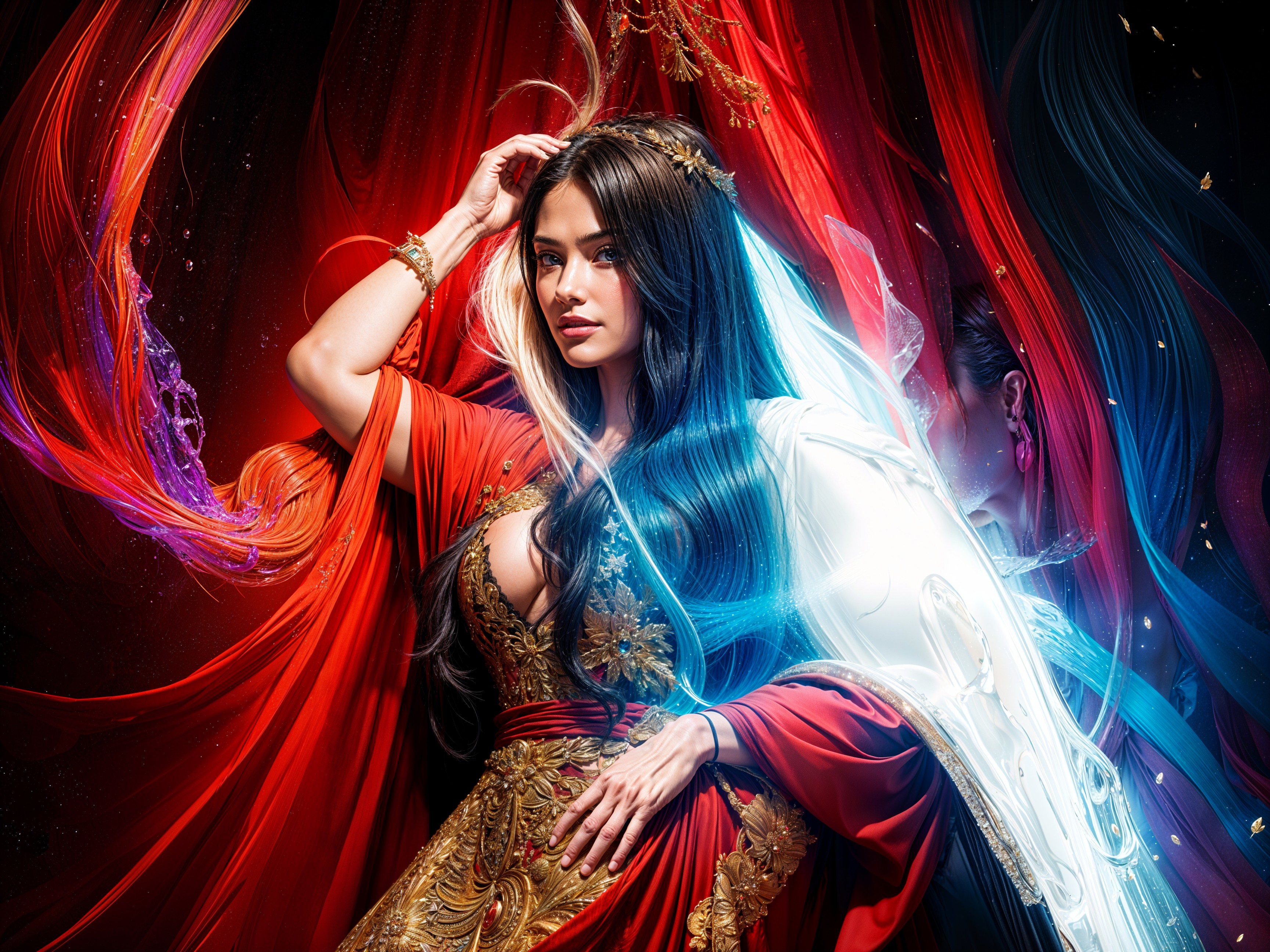 Elegant Woman in Red Gown with Celestial Backdrop